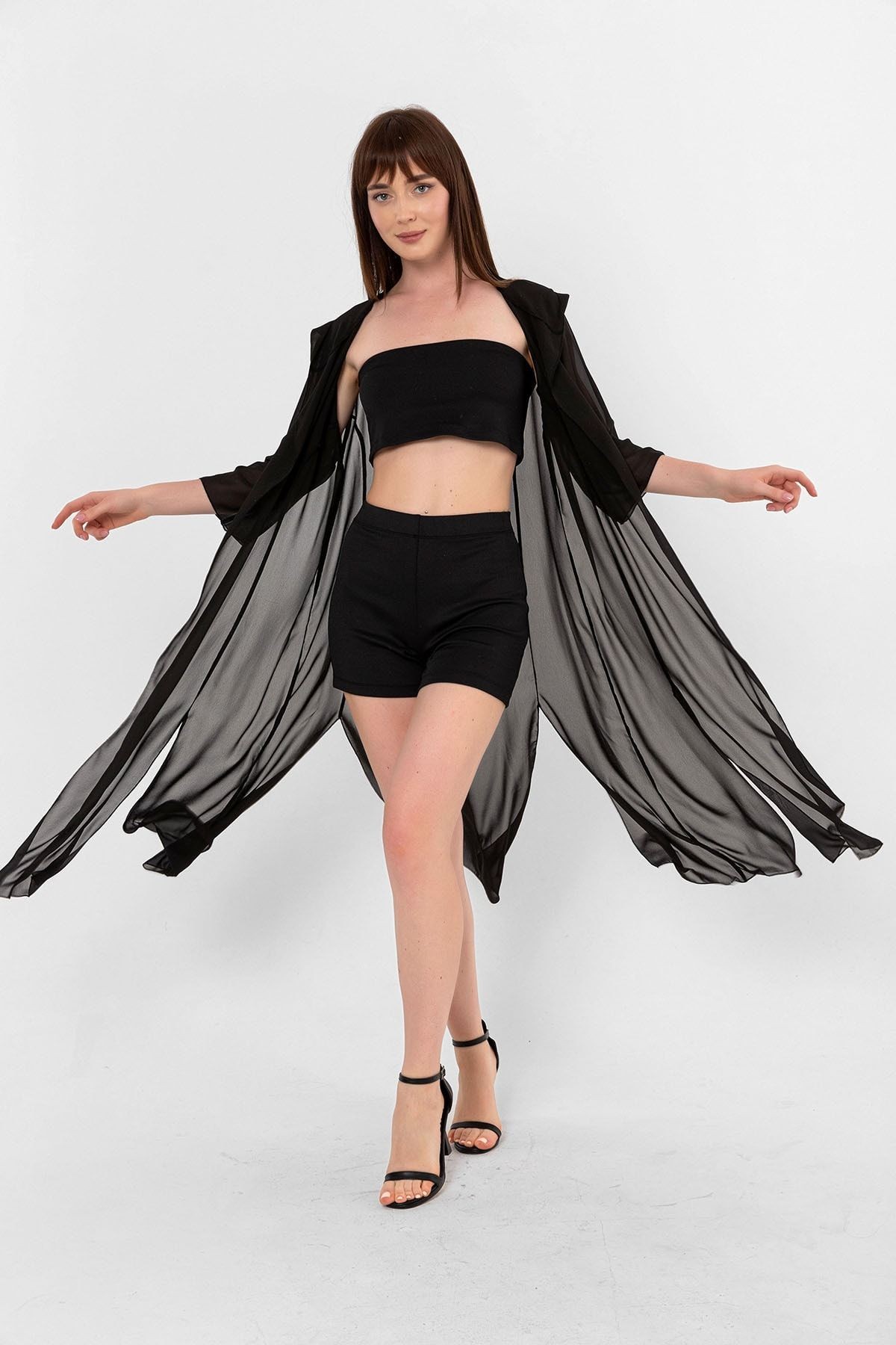 Siyah Kapüşonlu Yırtmaç Detaylı Şifon Kimono&bikiniüstü