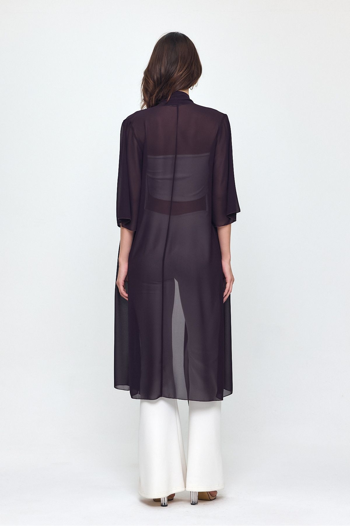 Mürdüm Şal Yaka Truvakar Kol Şifon Uzun Kimono - Hırka- Plaj Giyim 25L8035