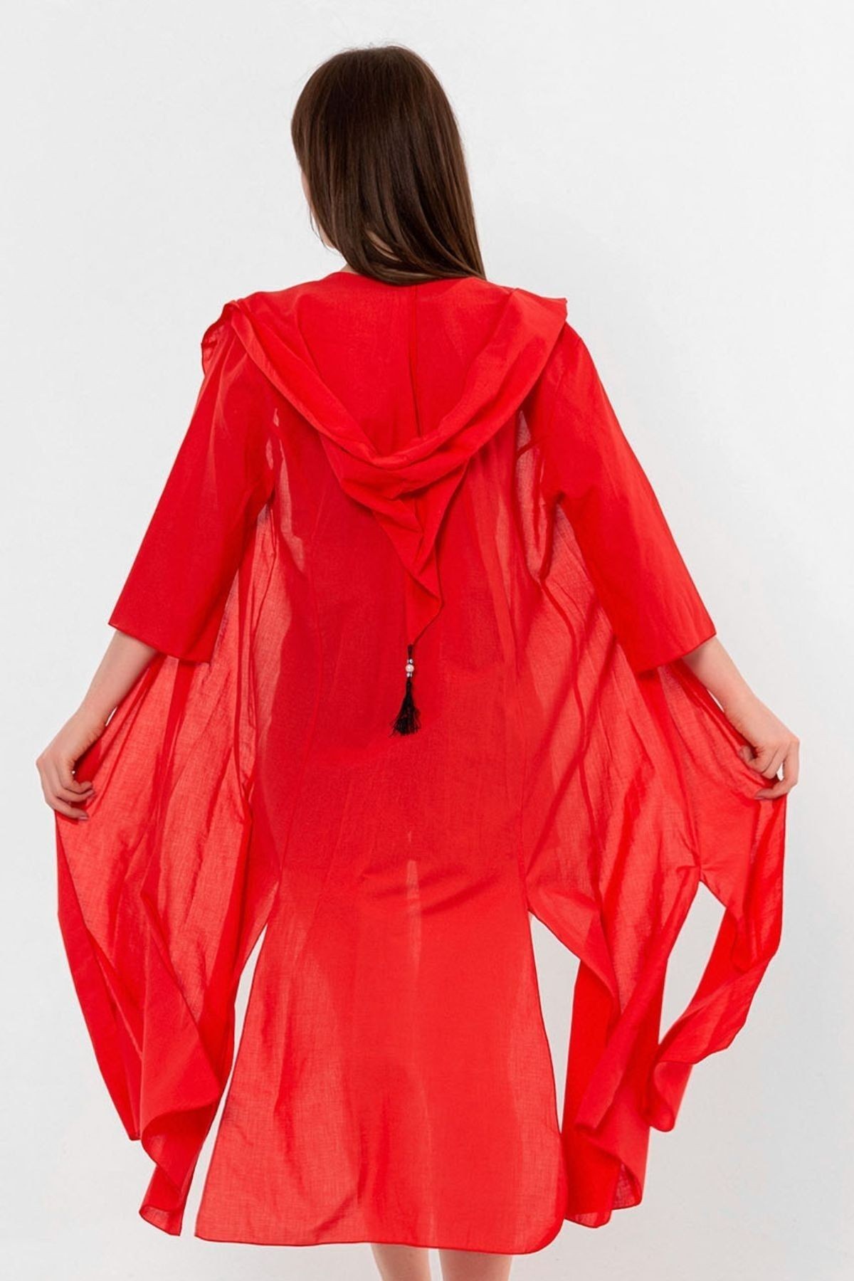 Kırmızı Kapüşonlu Yırtmaç Detaylı Vual Kimono&bikiniüstü