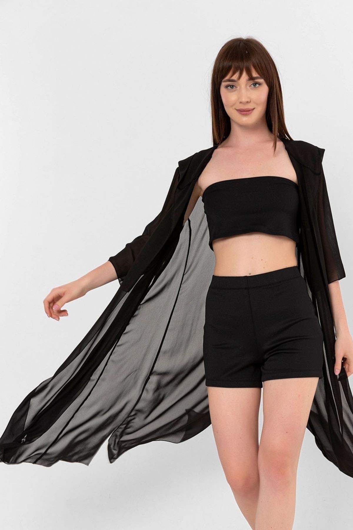 Siyah Kapüşonlu Yırtmaç Detaylı Şifon Kimono&bikiniüstü
