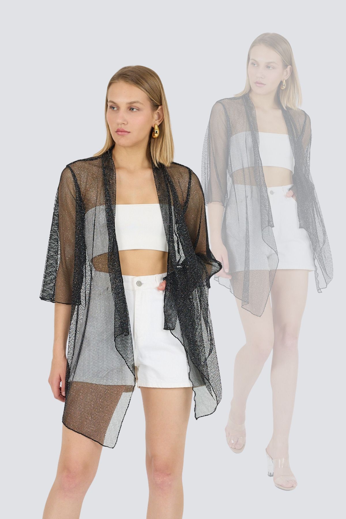 Simli File Şal Yakalı Volan Kol Kimono Kaftan Plaj Giyim 25L8120