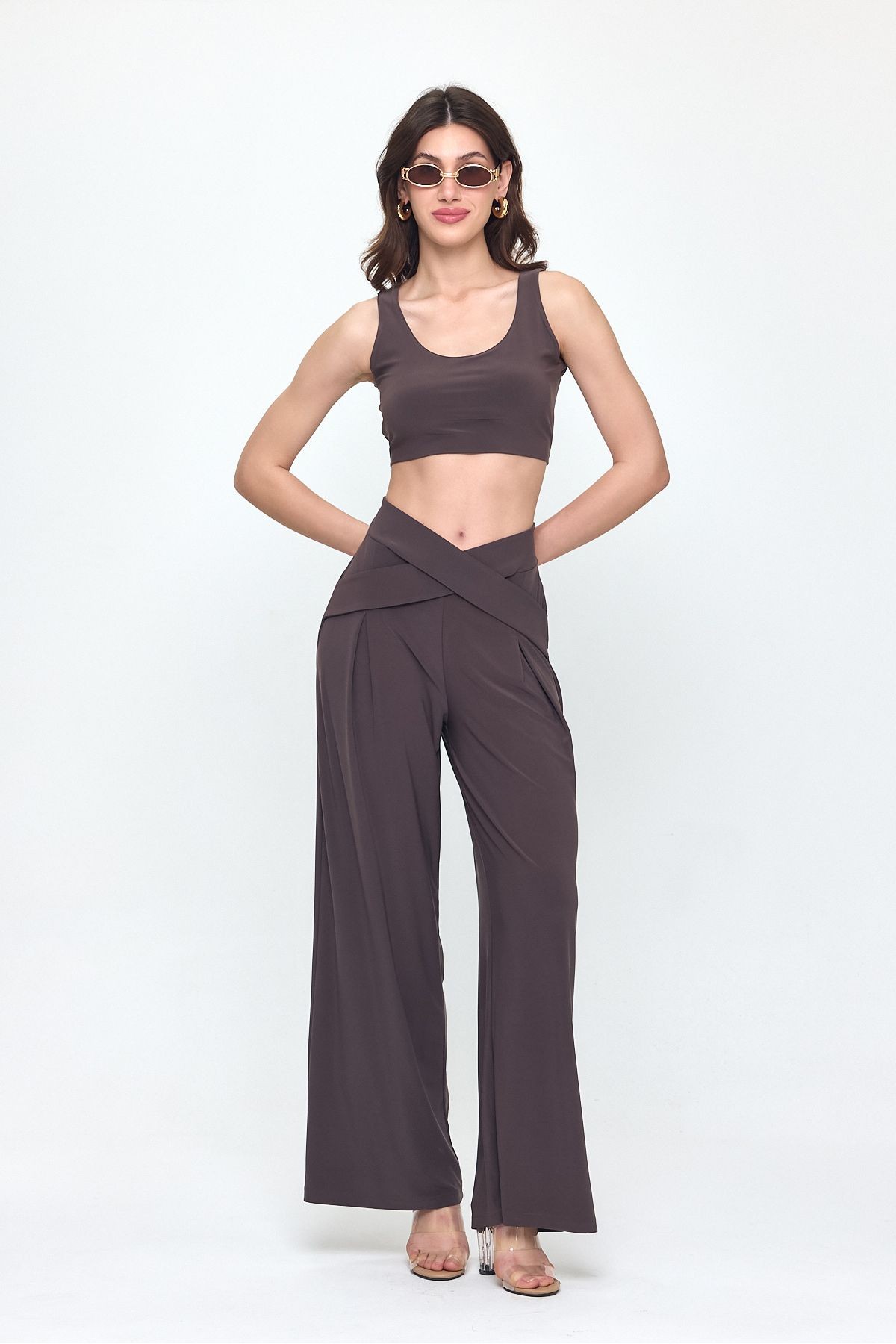 Kahve Bel Detay Tasarım Bol Paça Pantolon Gündüz - Gece Şıklığı 25l8006