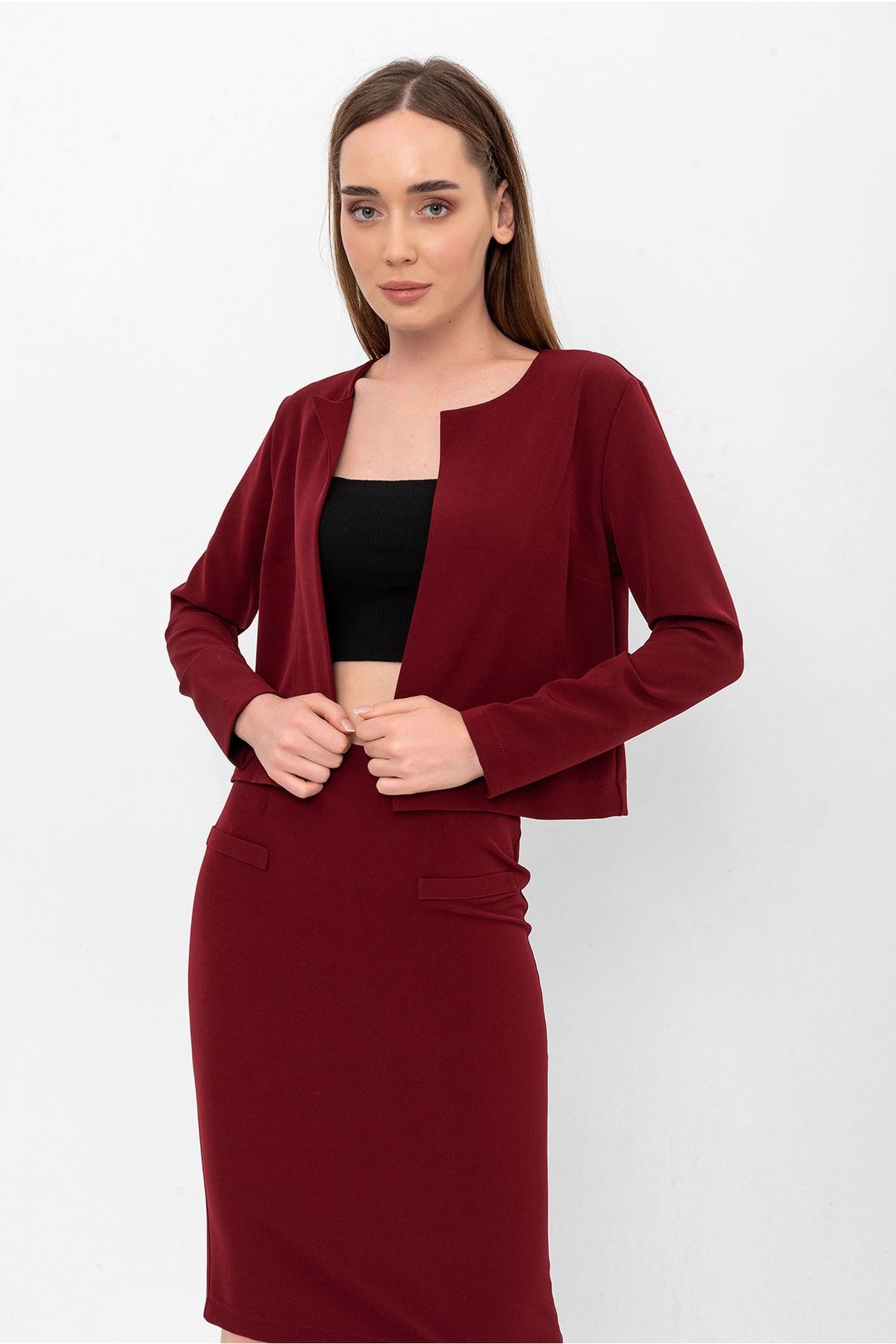 Bordo Uzun Kol Kısa Krep Ceket&hırka