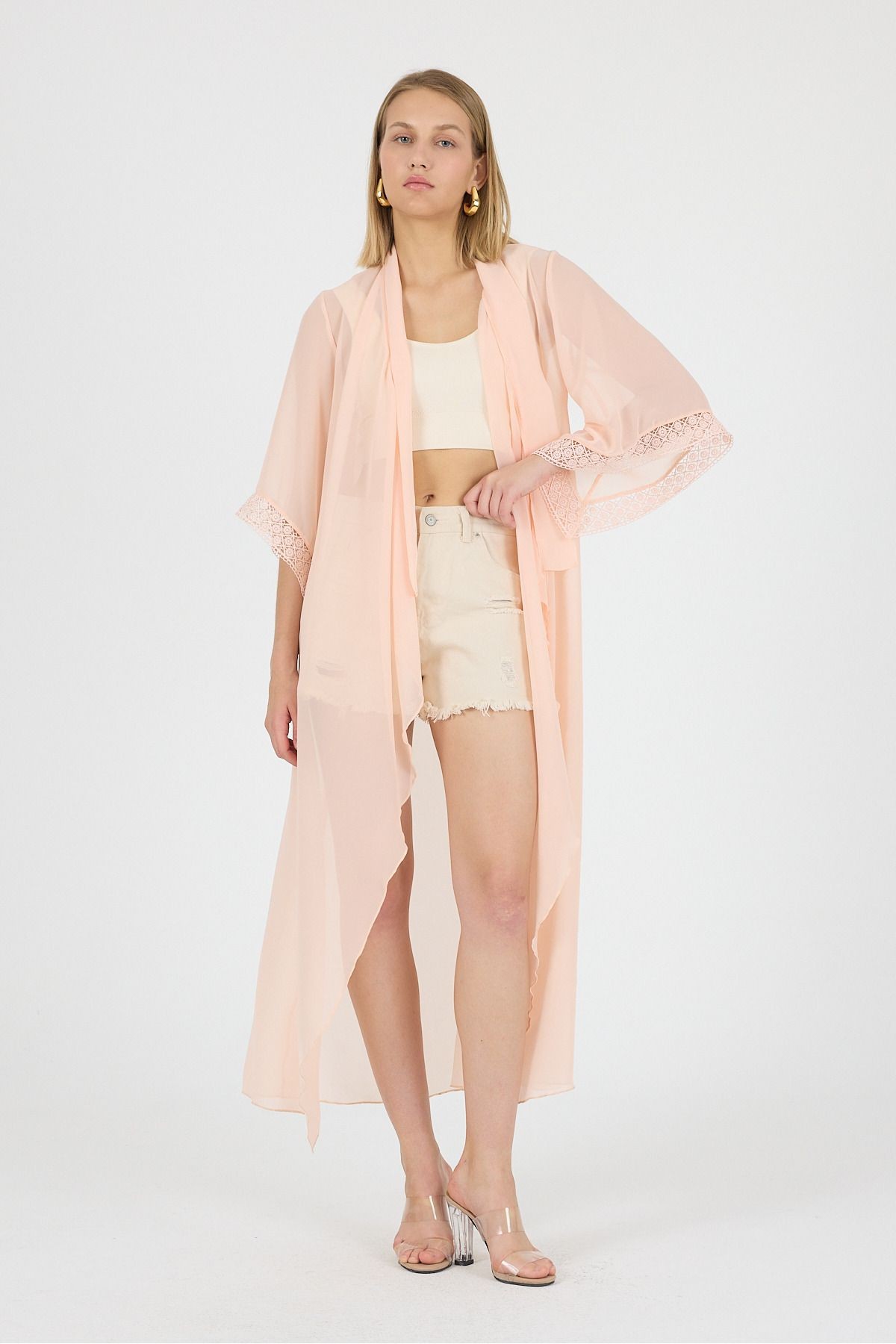 Somon Şal Yaka Kol Ucu Güpür DetayVolan Kol Şifon Maxi Kimono Kaftan Plaj Giyim 25L8114