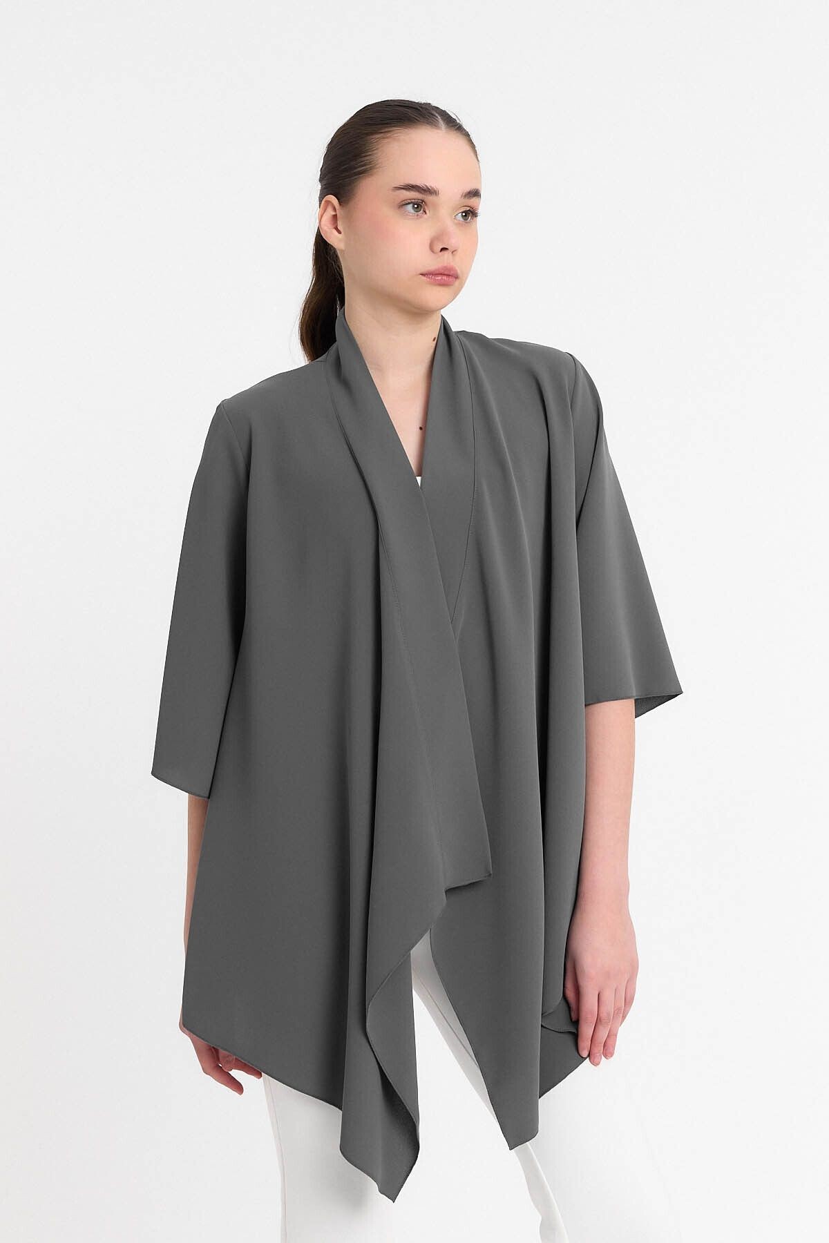 Gri Şal Yaka Truvakar Kol Kimono - Hırka- Plaj Giyim 25l8019