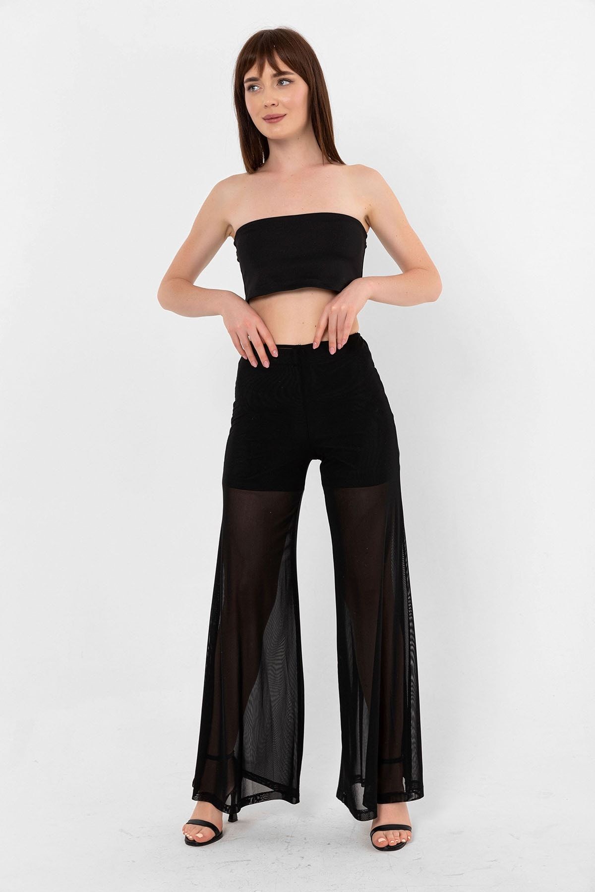 Siyah Tül Pantolon Bikini Üstü