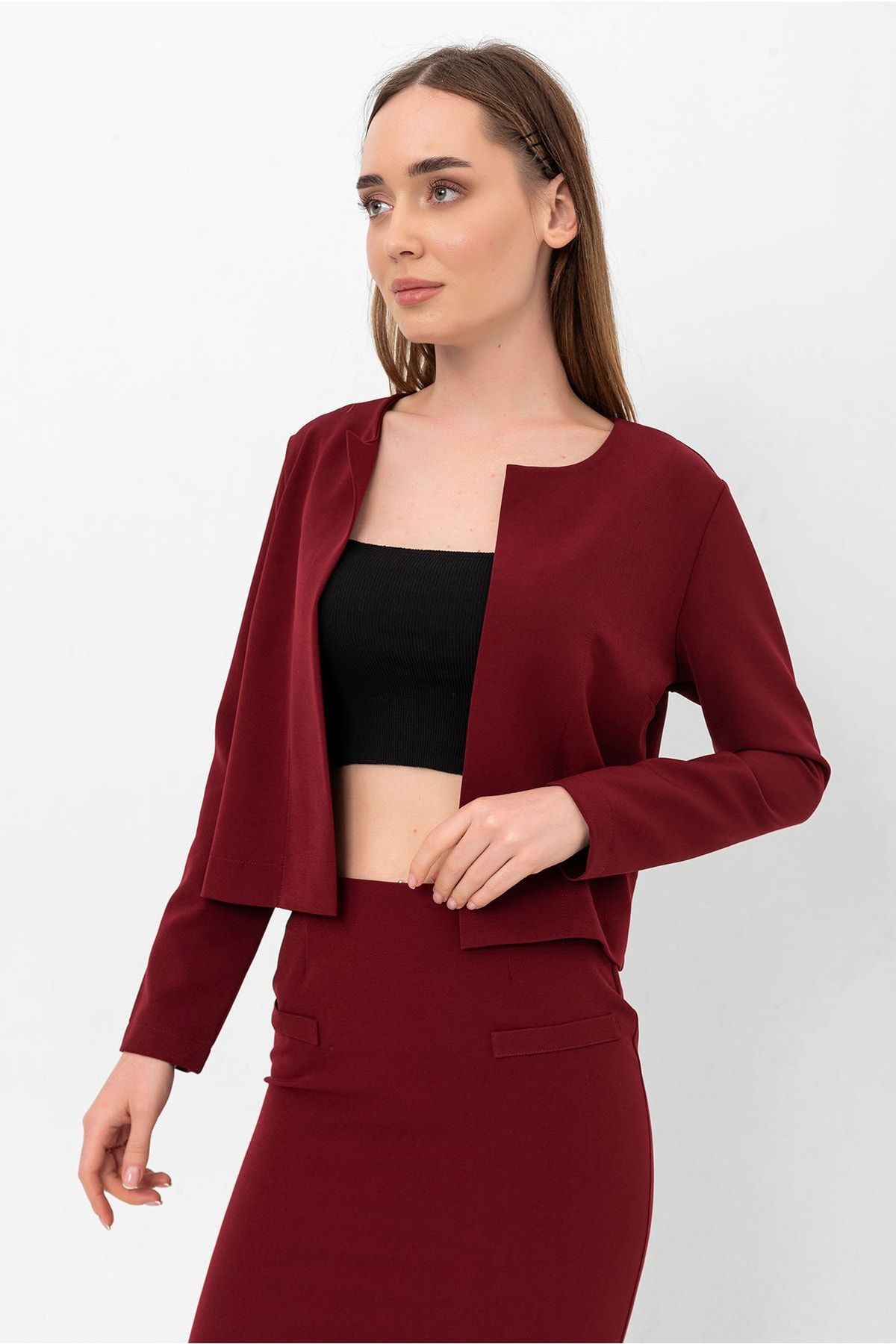 Bordo Uzun Kol Kısa Krep Ceket&hırka