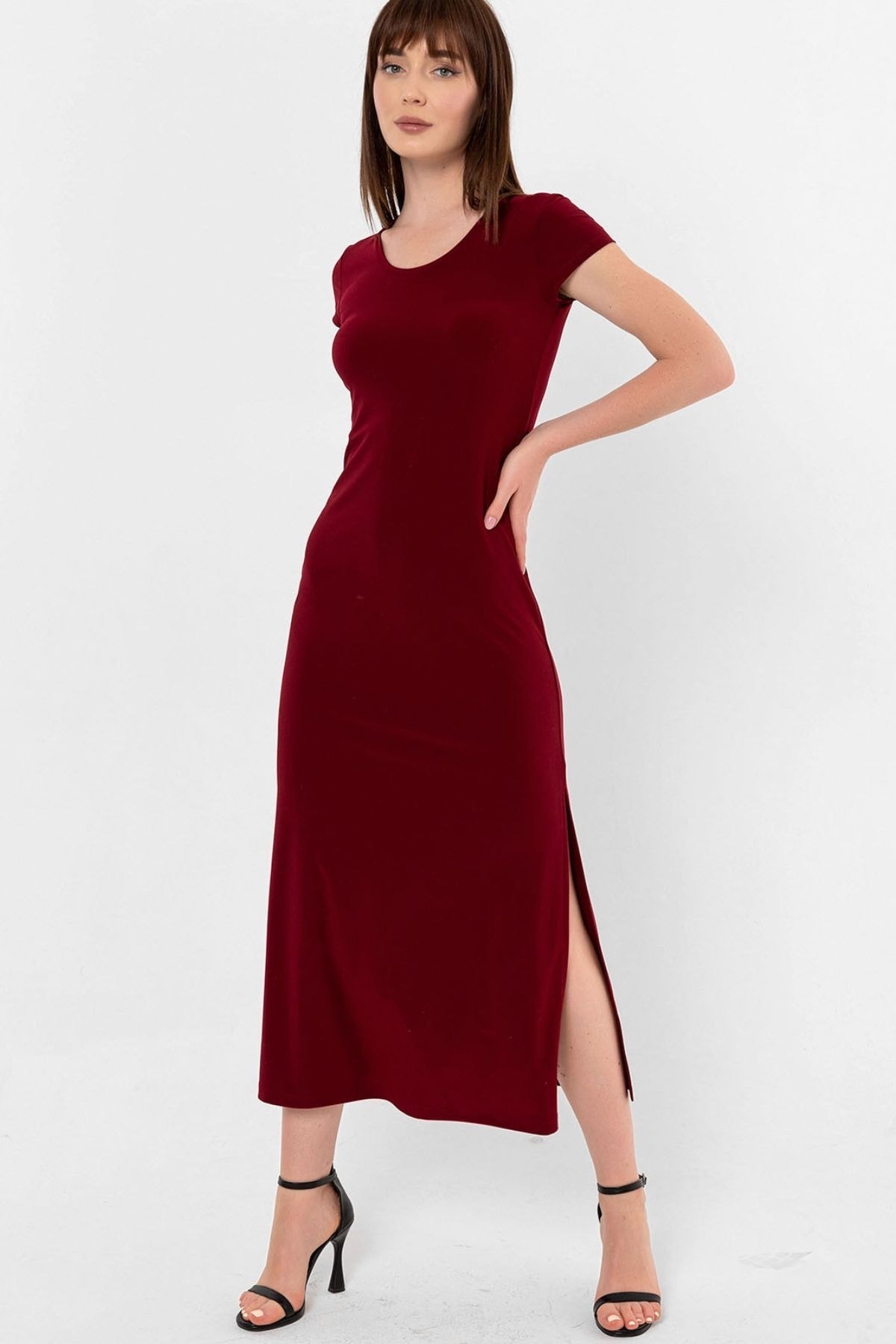 Bordo Bisiklet Yaka Yırtmaç Detay Elbise