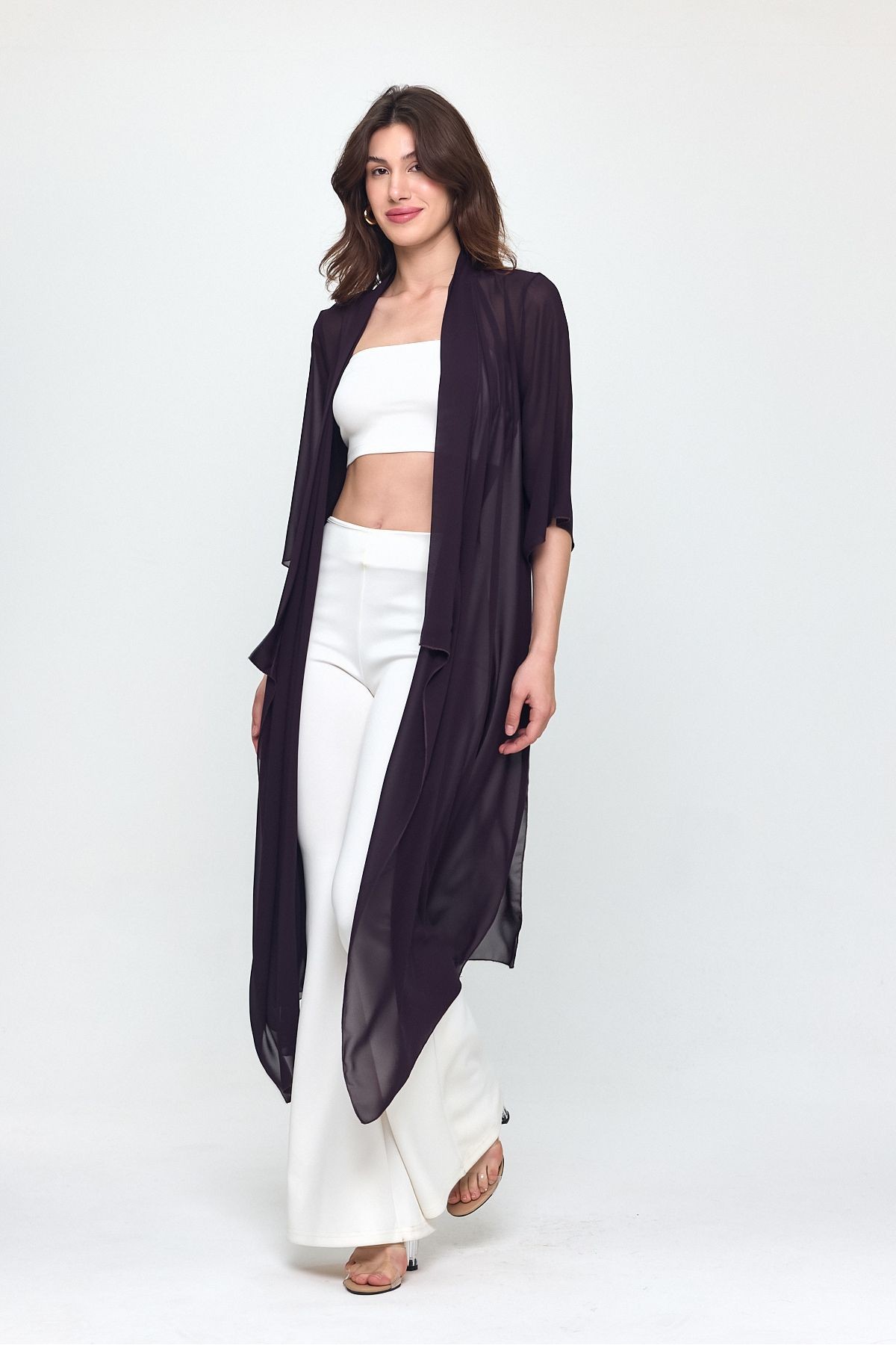 Mürdüm Şal Yaka Truvakar Kol Şifon Uzun Kimono - Hırka- Plaj Giyim 25L8035