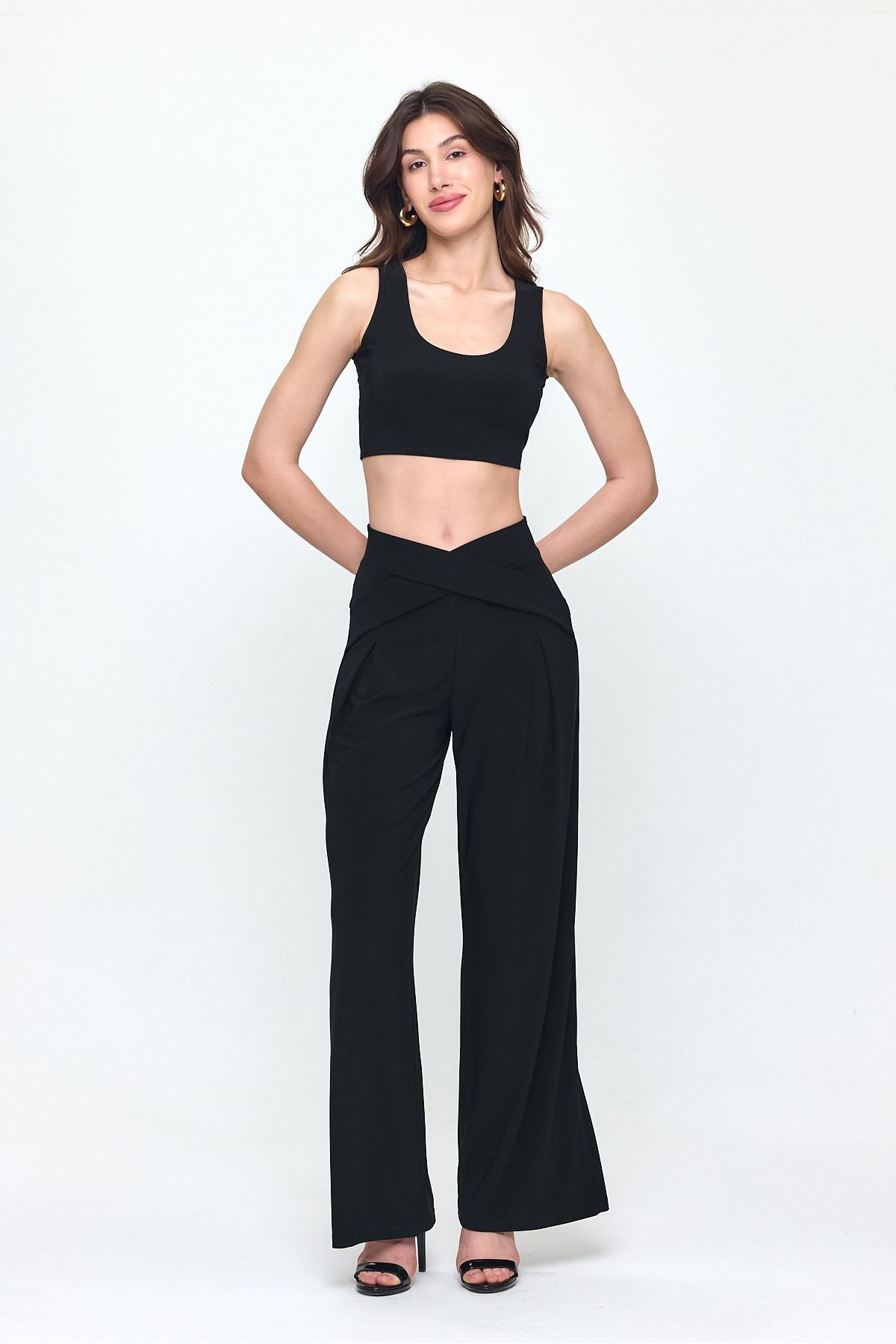 Bel Detay Tasarım Bol Paça Pantolon Gündüz - Gece Şıklığı 25l8006