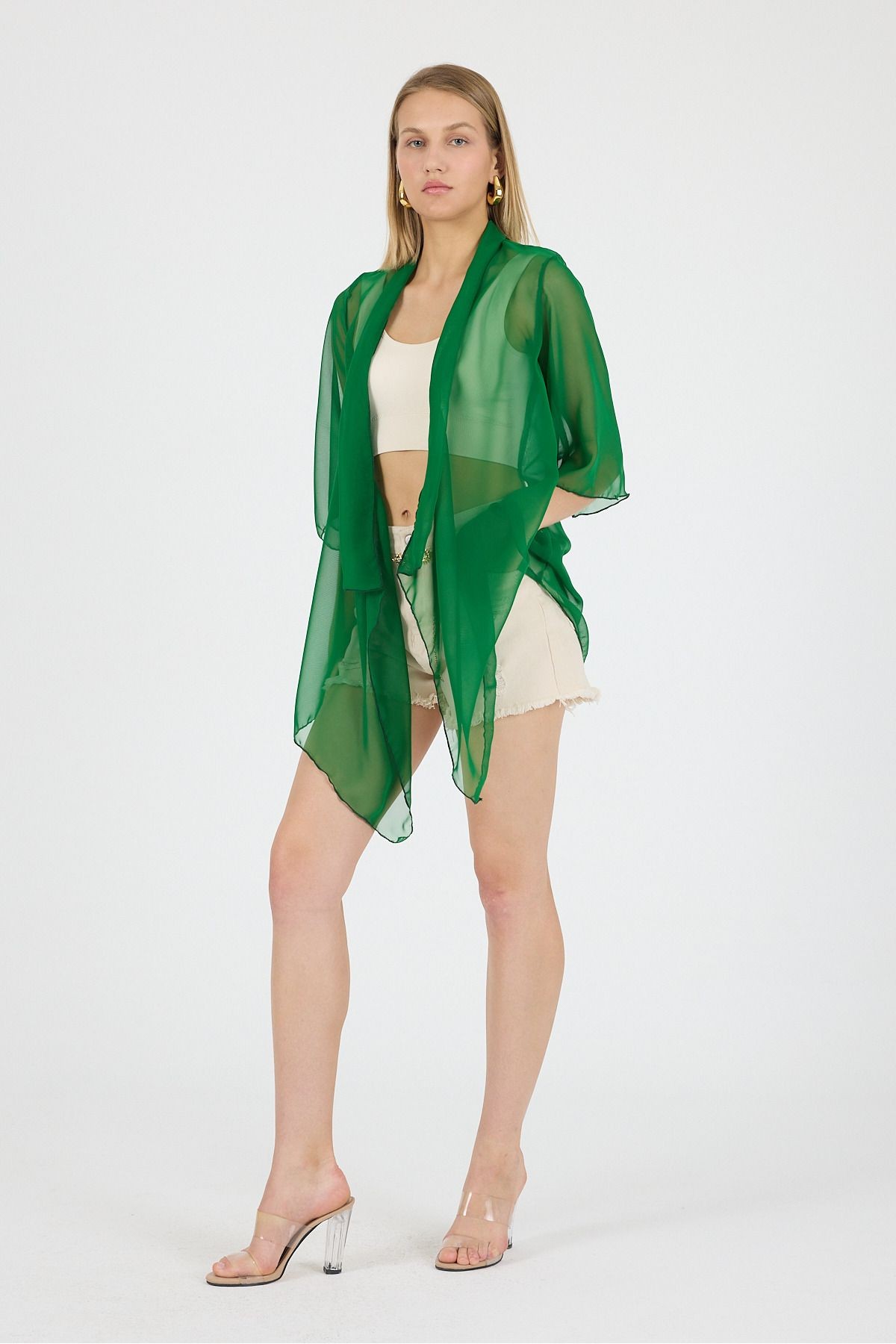 Koyu Yeşil Şal Yaka Volan Kol Şifon Kimono Kaftan Plaj Giyim 25L8101
