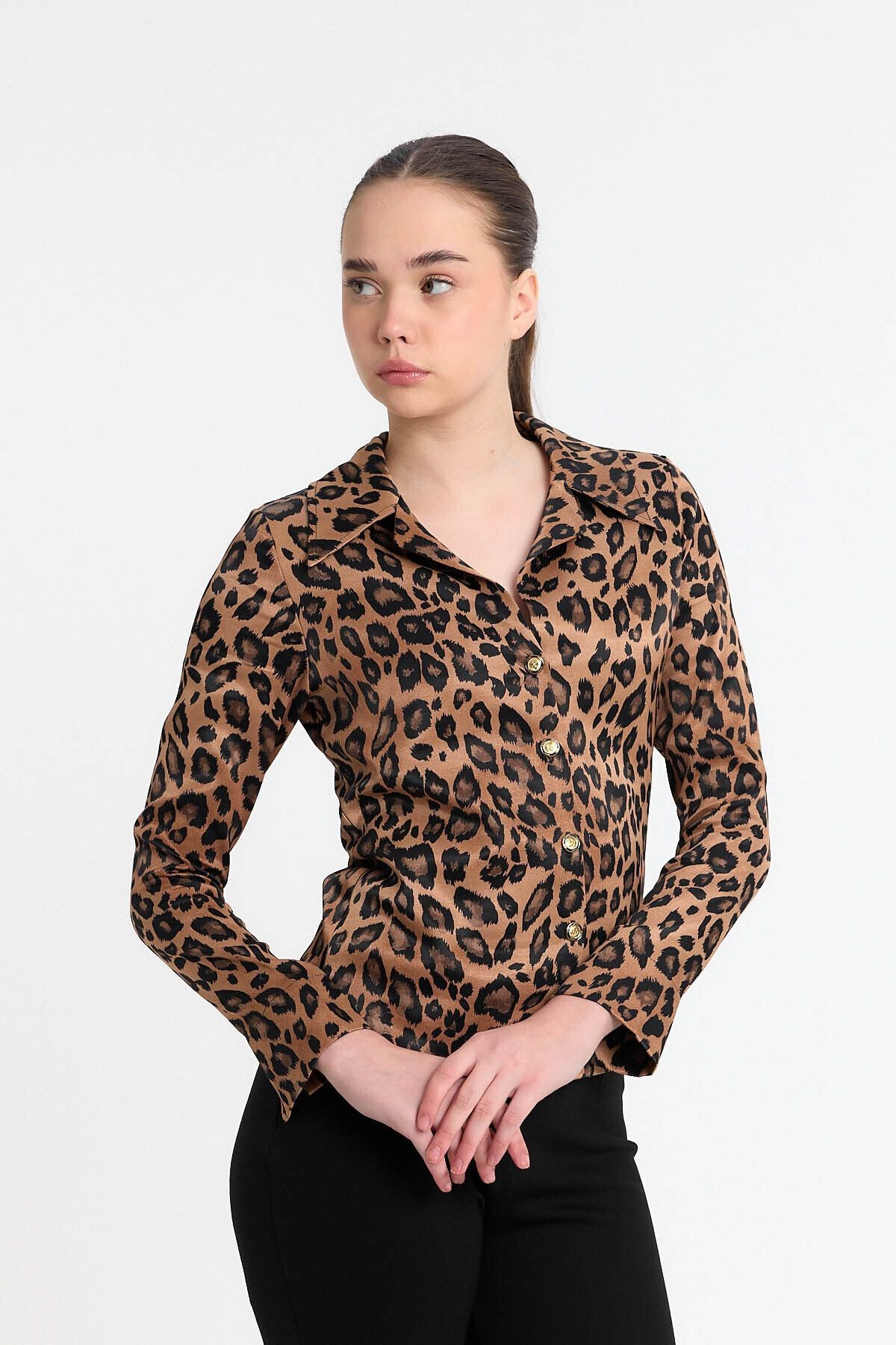 Leopar Desen Saten Gömlek Gündüz - Gece Şıklığı 25l8021