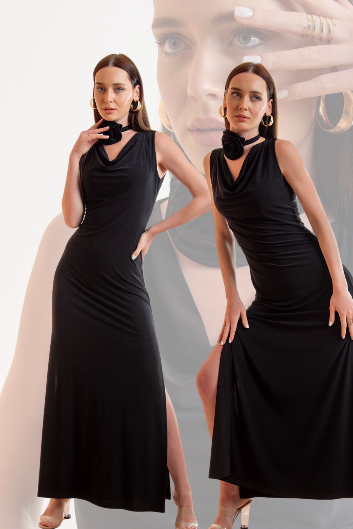 Siyah Degaje Yaka Tasarım Yırtmaçlı Gül Detay Mezuniyet&abiye&davet Elbisesi