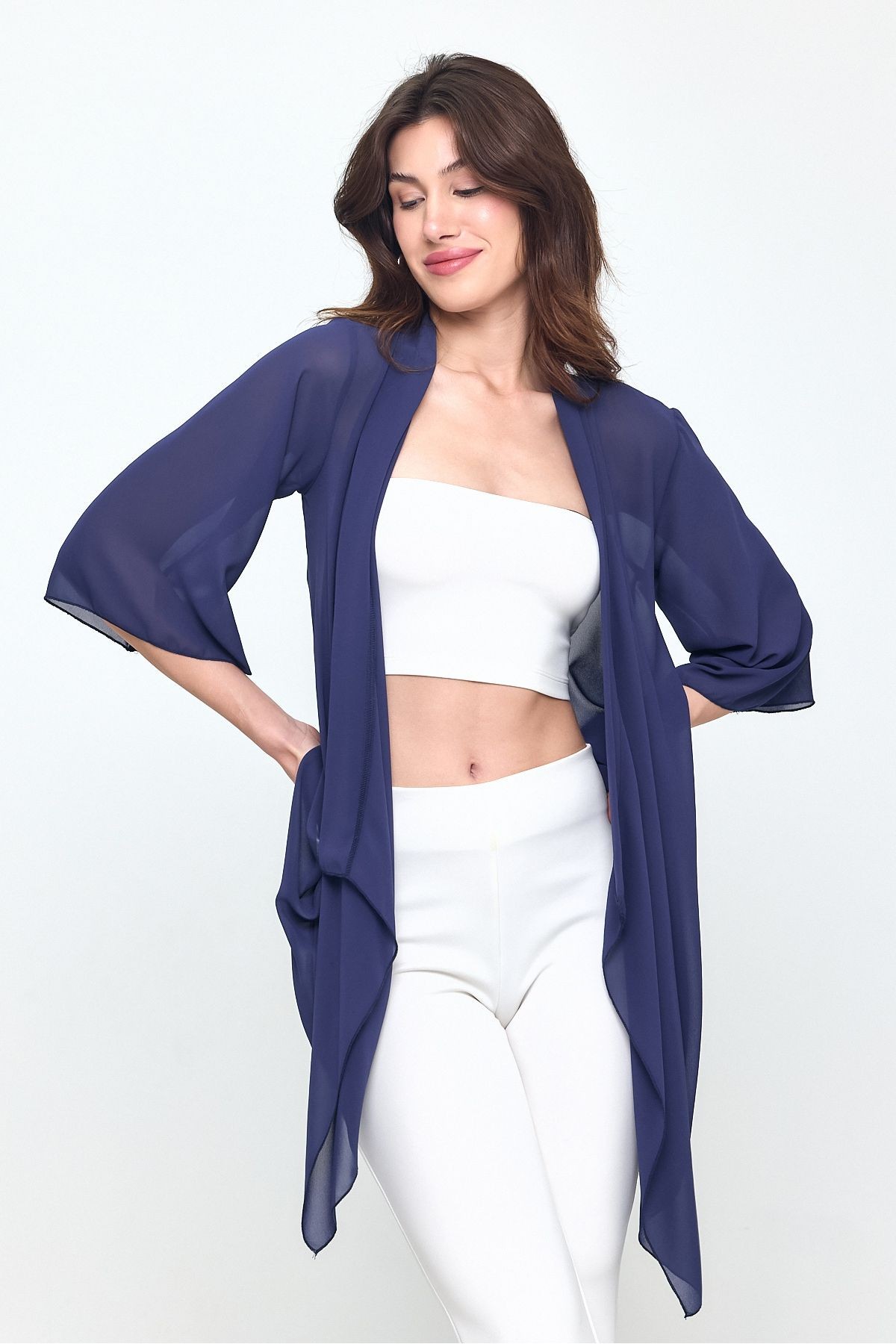 Lacivert Şal Yaka Truvakar Kol Şifon Kimono - Hırka- Plaj Giyim 25L8034