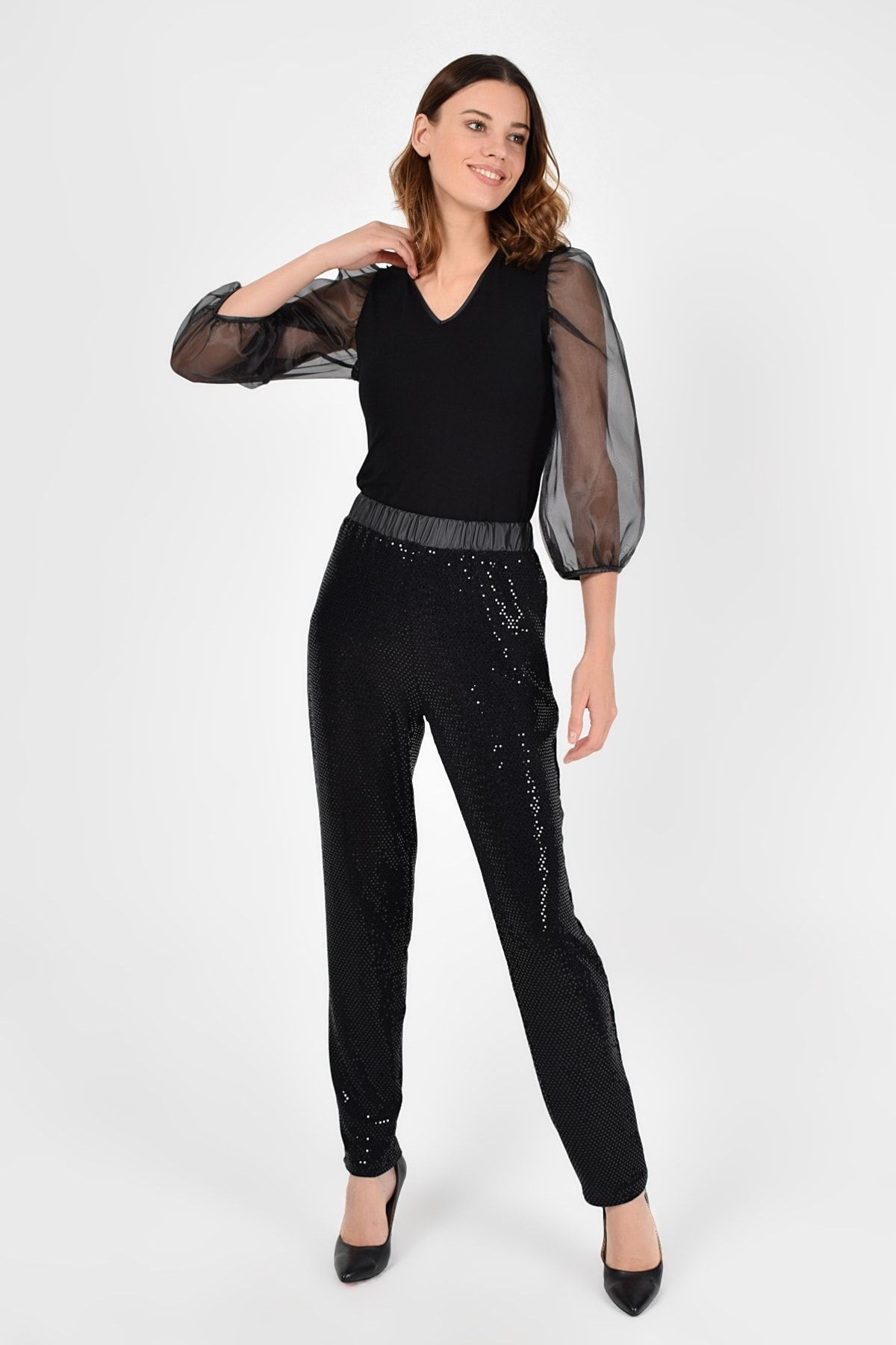 Kadın Siyah Pul Payet Pantolon 19L6770