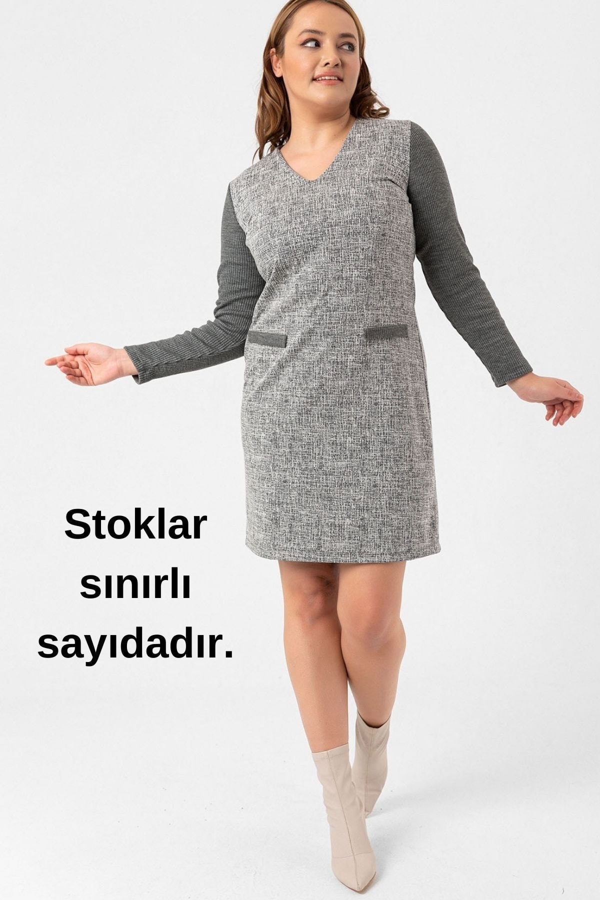 Gri Büyük Beden Kaşkorse Kol V Yaka Fleto Cep Elbise