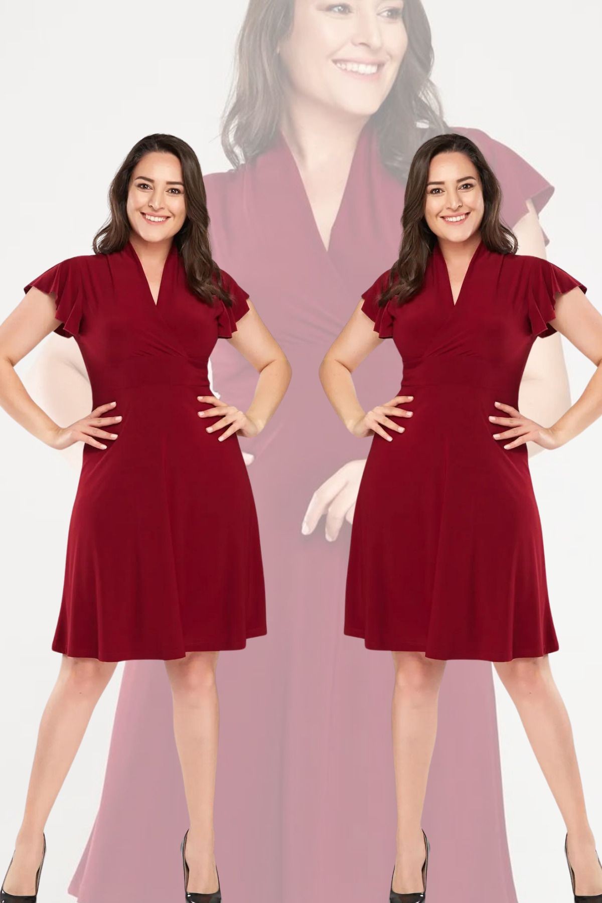 Kadın Bordo Kruvaze Yaka Elbise Gündüz&gece Şıklığı 17lb9102