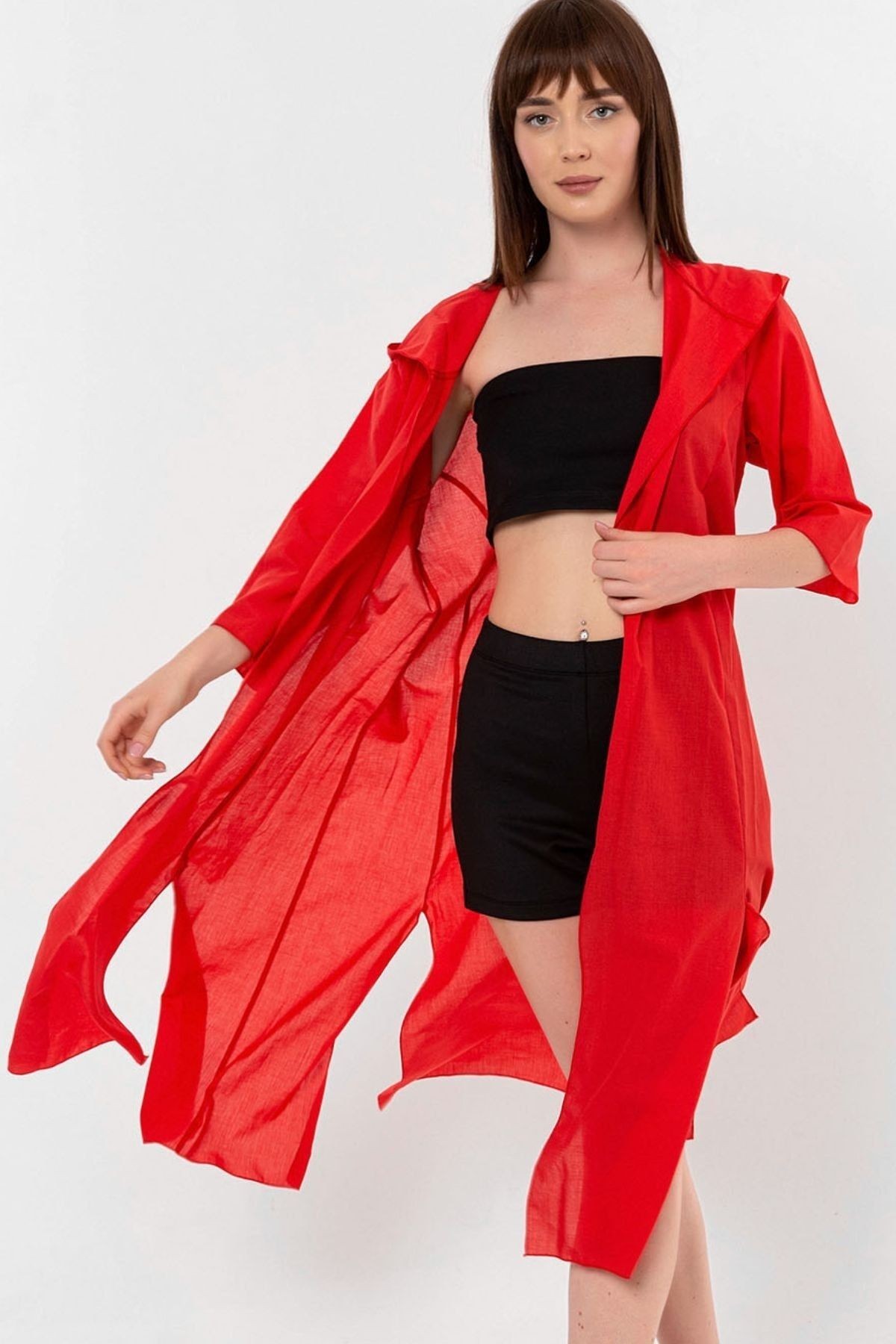Kırmızı Kapüşonlu Yırtmaç Detaylı Vual Kimono&bikiniüstü
