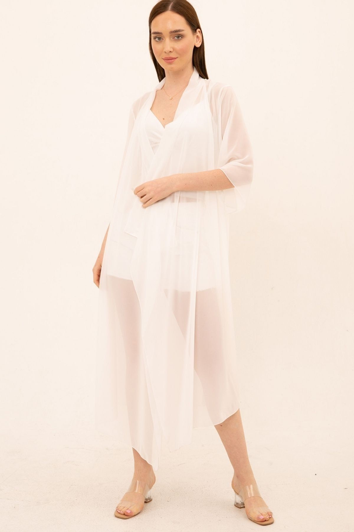 Ecru Şifon Yırtmaçlı Kimono&hırka