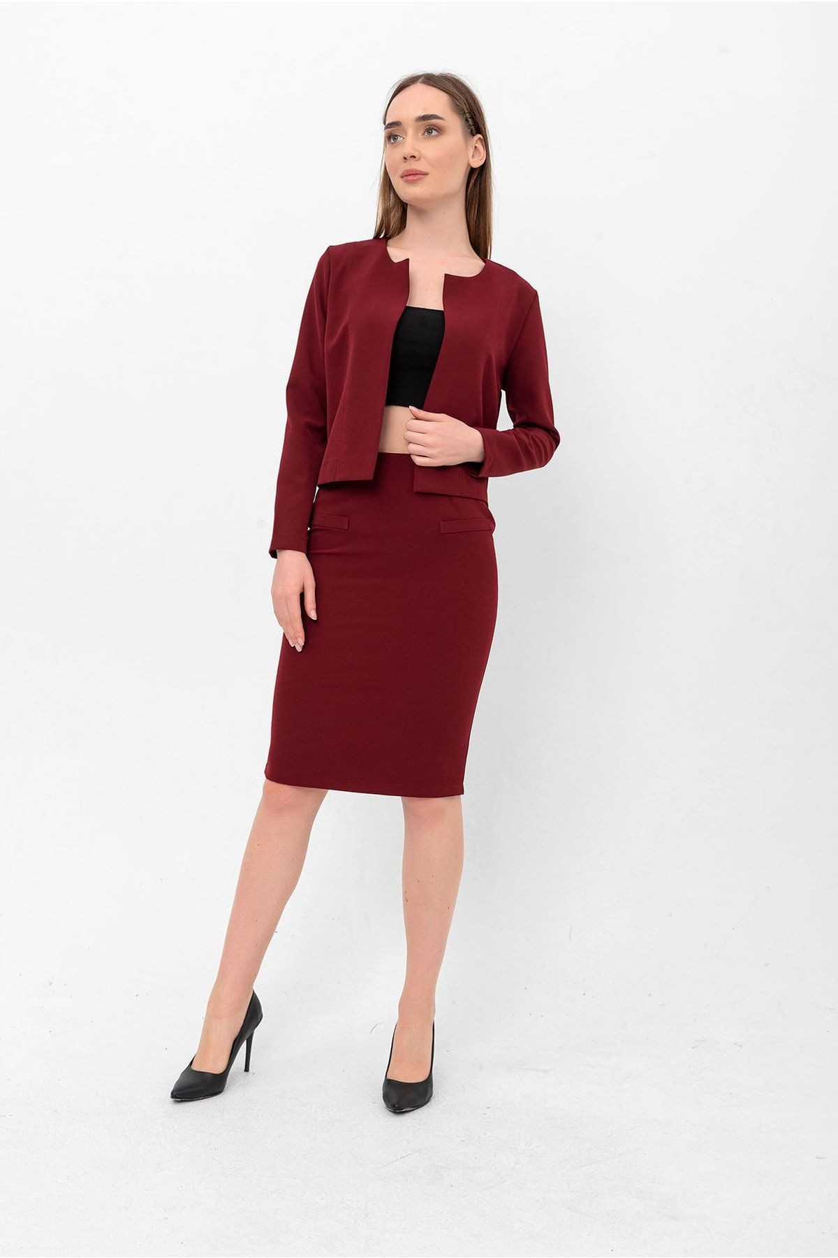 Bordo Fleto Cep Detaylı Krep Etek