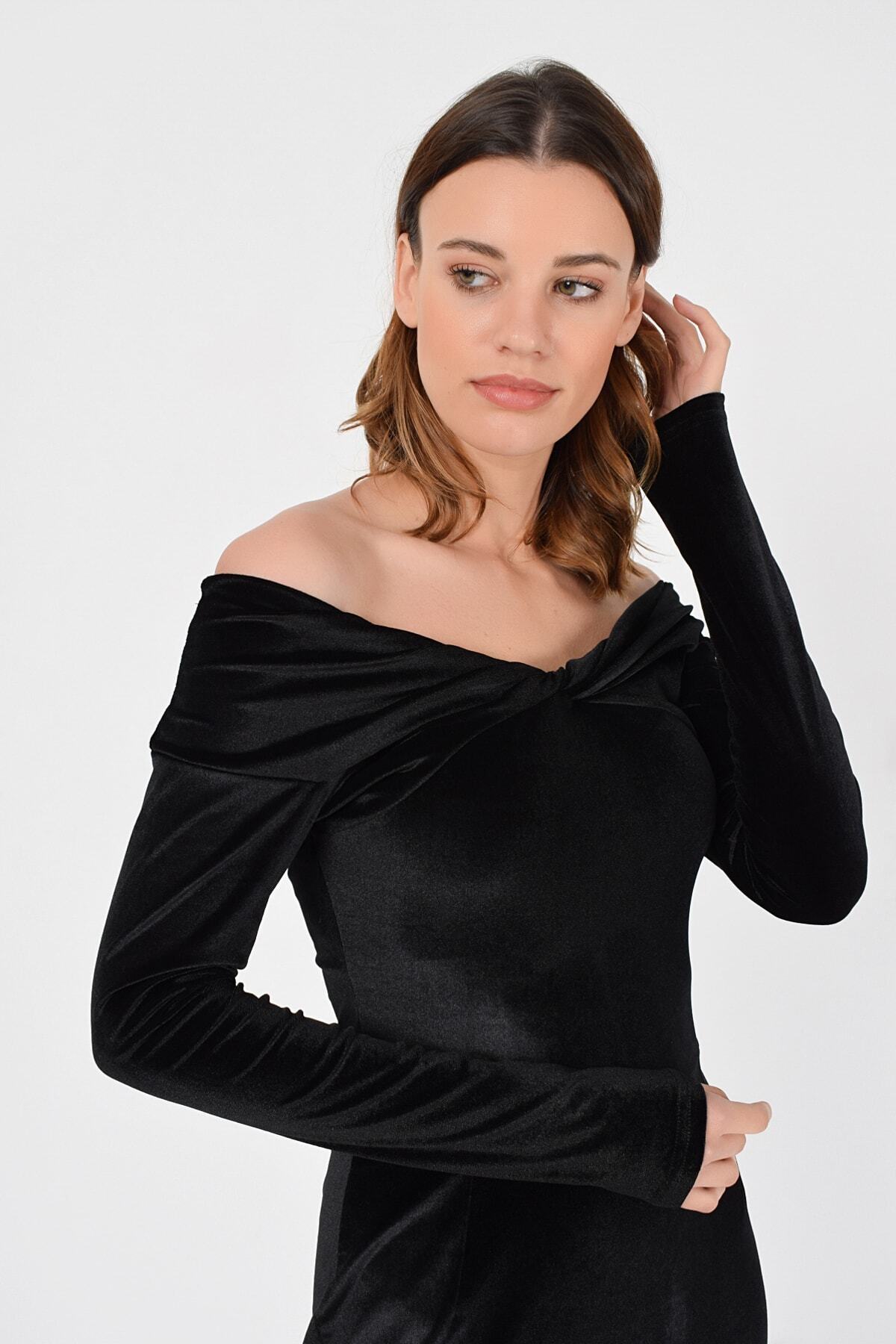 Kadın Siyah Madonna Yaka Uzun Kol Kadife Balık Abiye Davet Elbisesi 19L6712