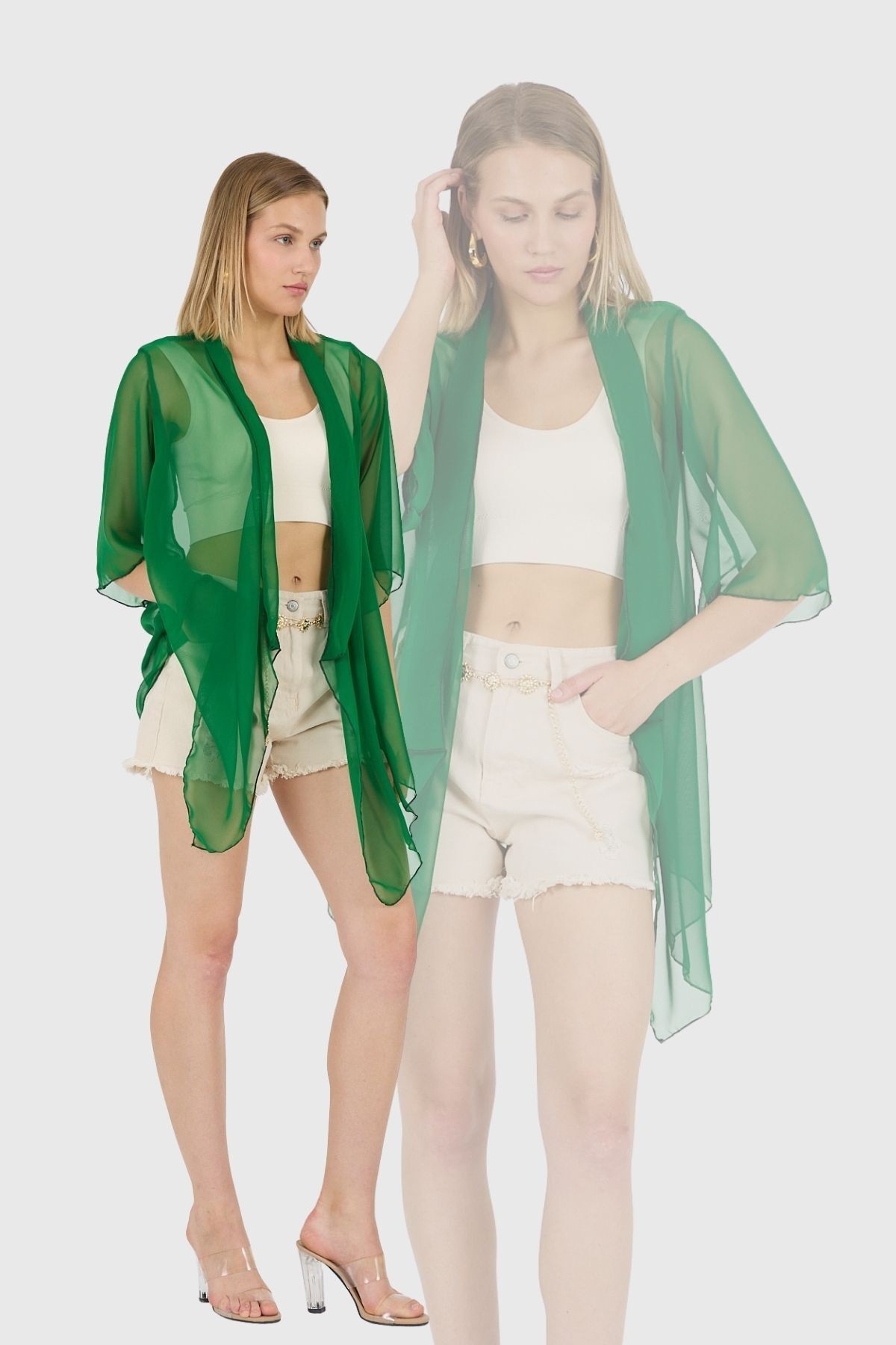 Koyu Yeşil Şal Yaka Volan Kol Şifon Kimono Kaftan Plaj Giyim 25L8101