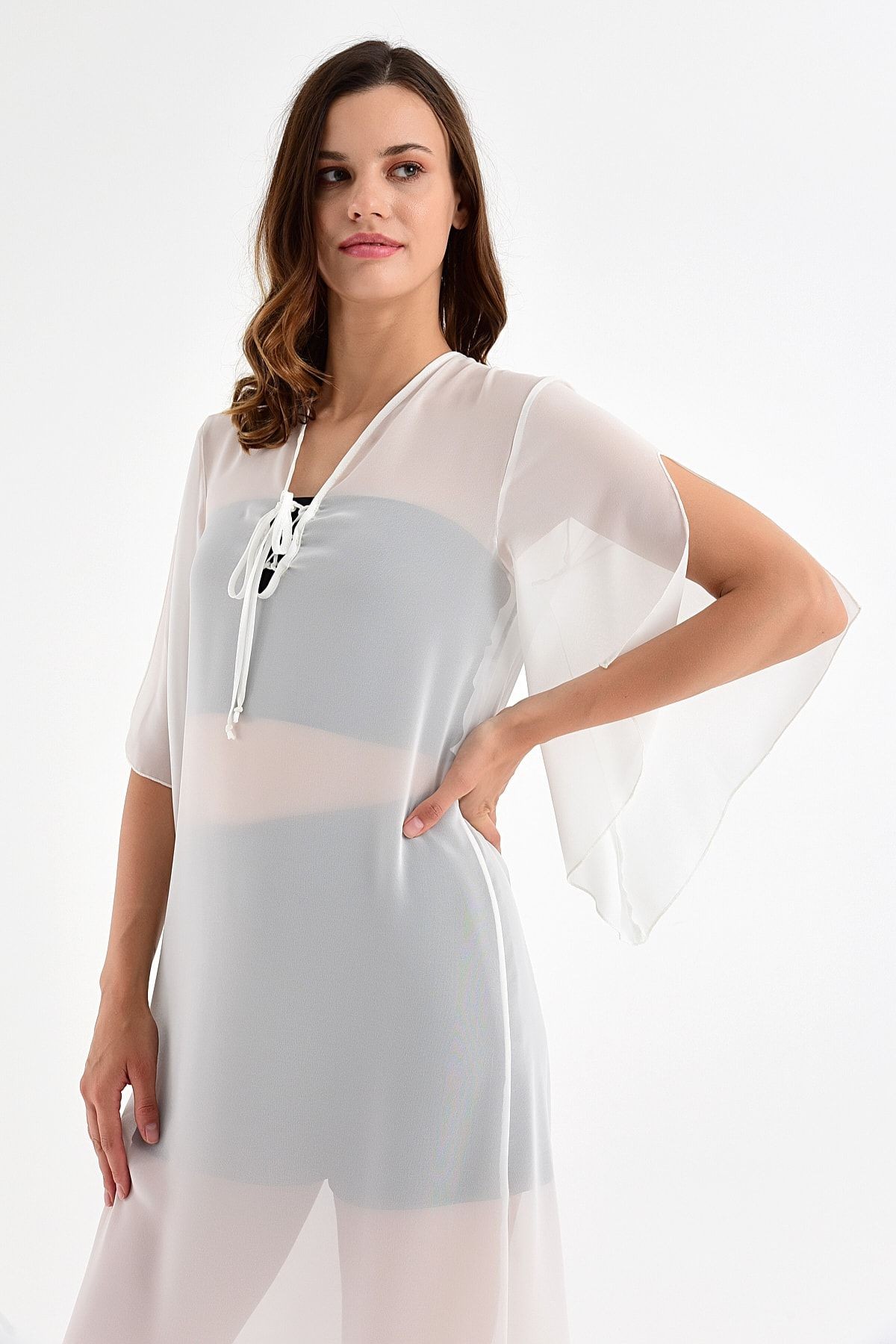 Kadın Ecru Yaka Detaylı Şifon Kimono 20L6812