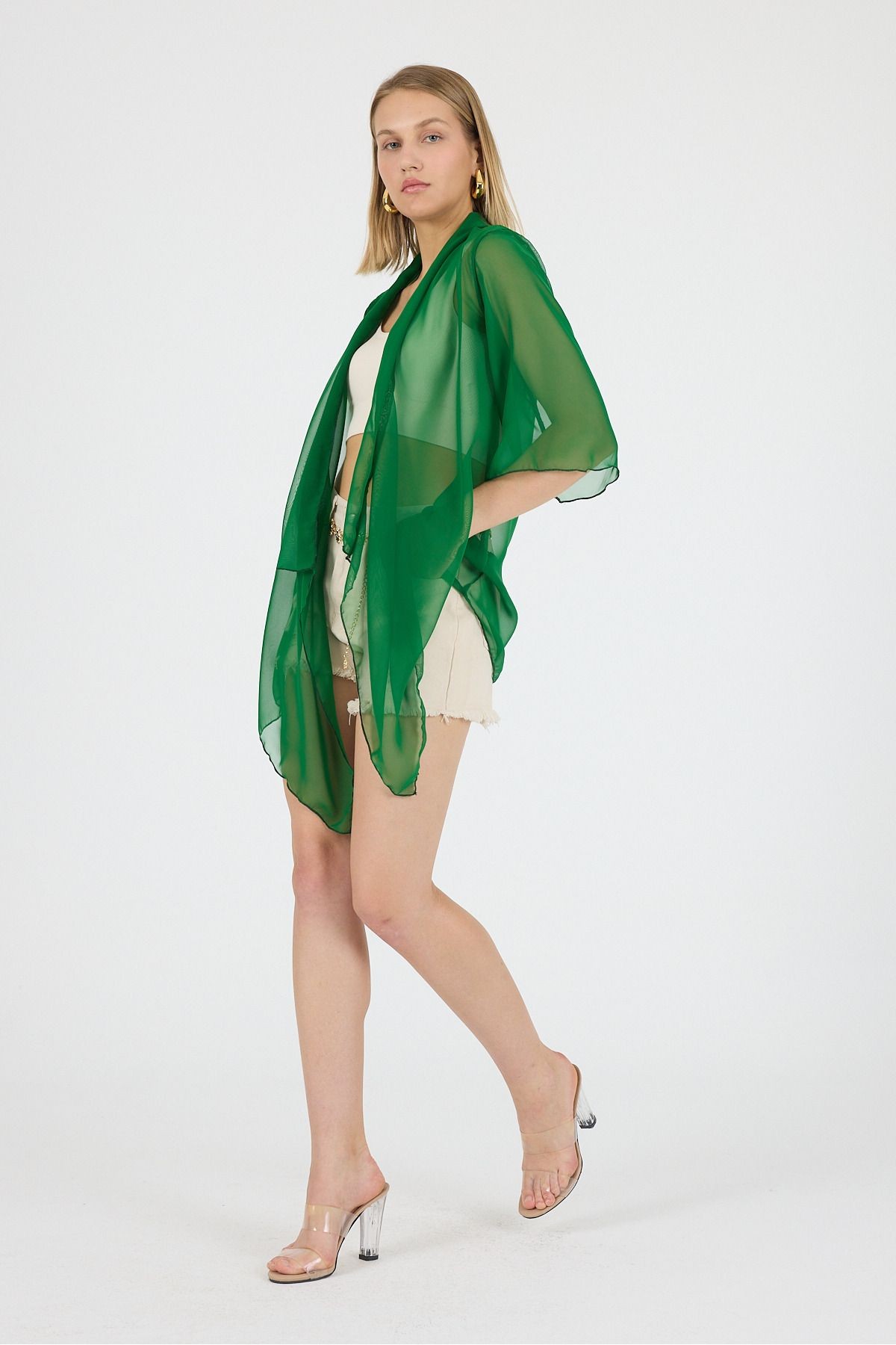 Koyu Yeşil Şal Yaka Volan Kol Şifon Kimono Kaftan Plaj Giyim 25L8101