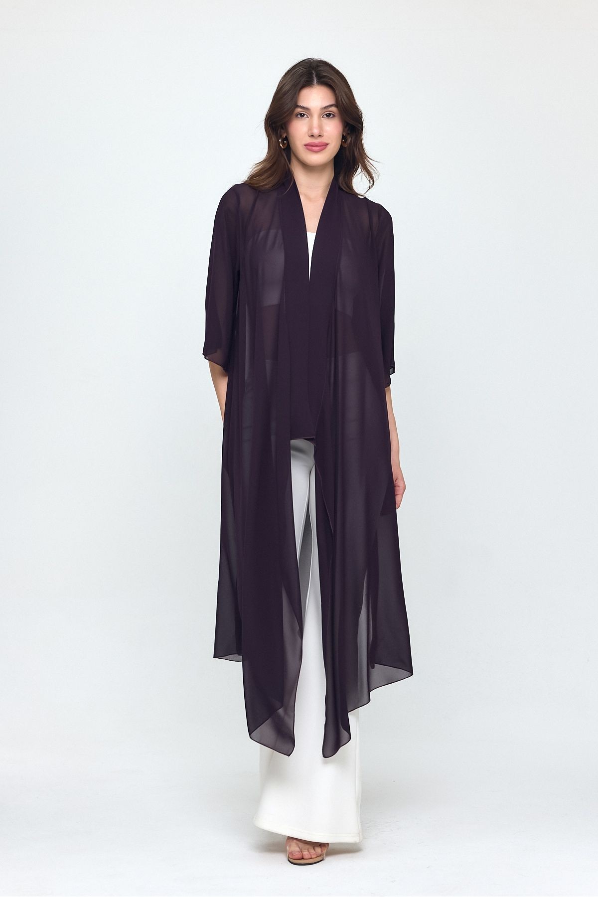 Mürdüm Şal Yaka Truvakar Kol Şifon Uzun Kimono - Hırka- Plaj Giyim 25L8035