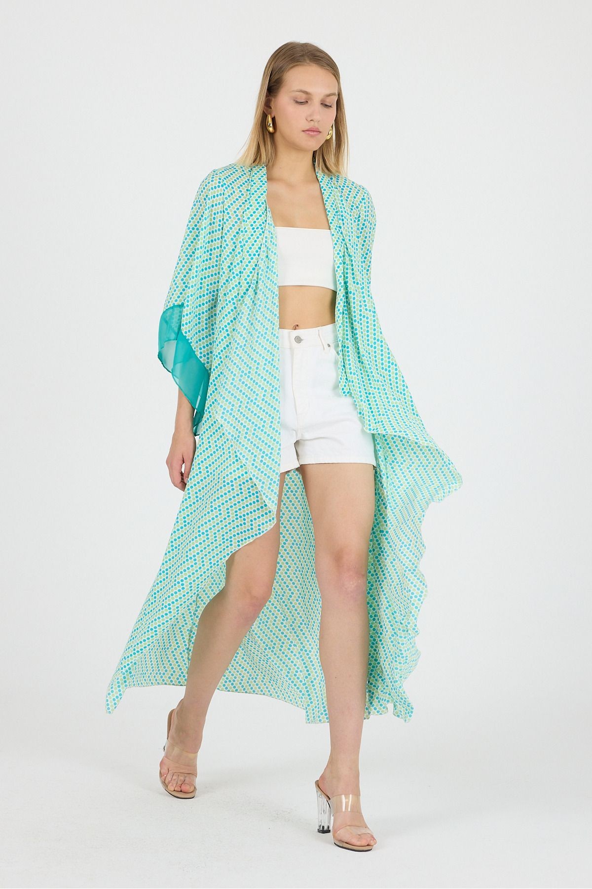 Puantyeli Şal Yaka Kol Ucu Saten Detay Volan Kol Şifon Maxi Kimono Kaftan Plaj Giyim 25L8115
