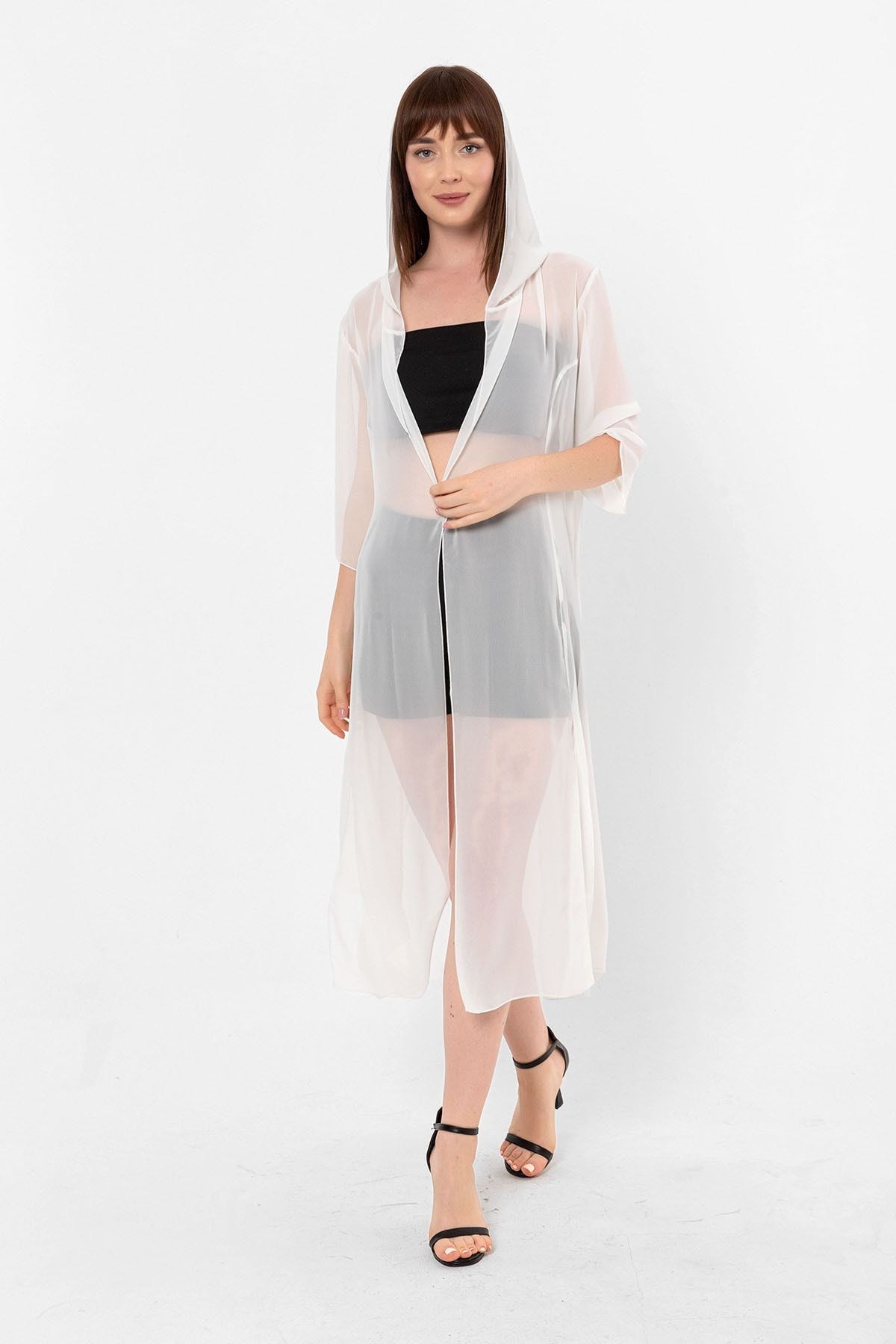 Ecru Kapüşonlu Yırtmaç Detaylı Şifon Kimono&bikiniüstü