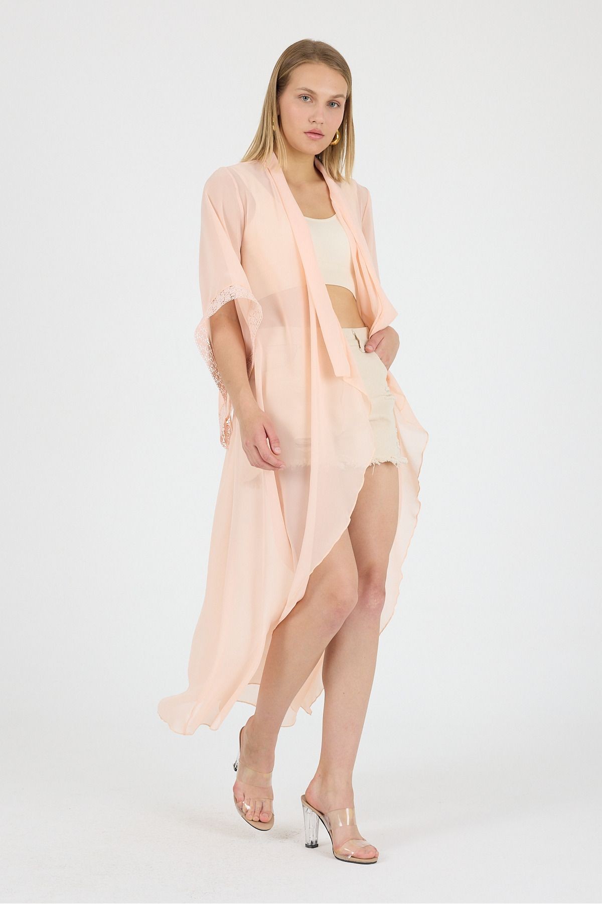 Somon Şal Yaka Kol Ucu Güpür DetayVolan Kol Şifon Maxi Kimono Kaftan Plaj Giyim 25L8114