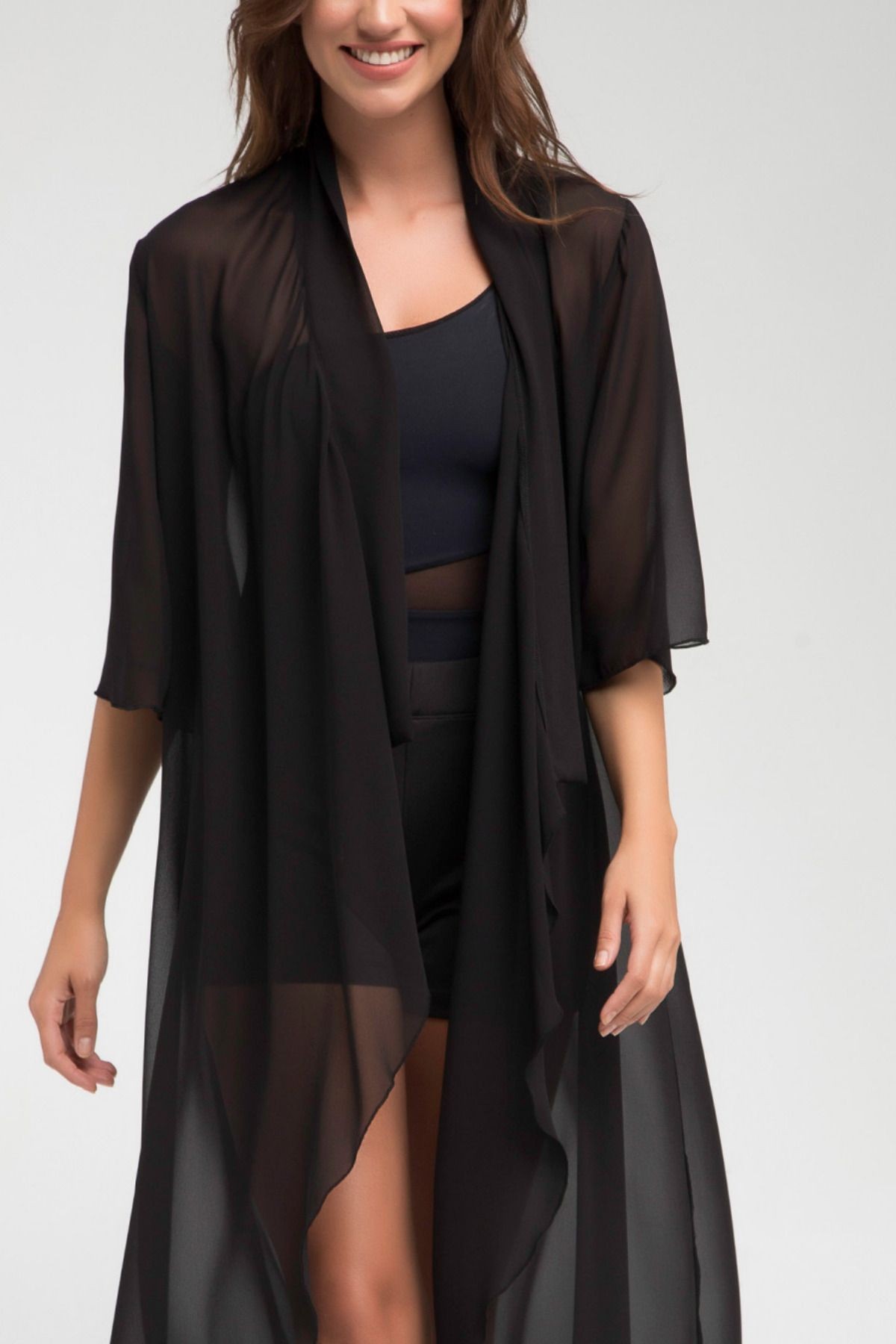 Siyah Şifon Şal Yaka Truvakar Kol Kimono Hırka Plaj Giyim 24l7554