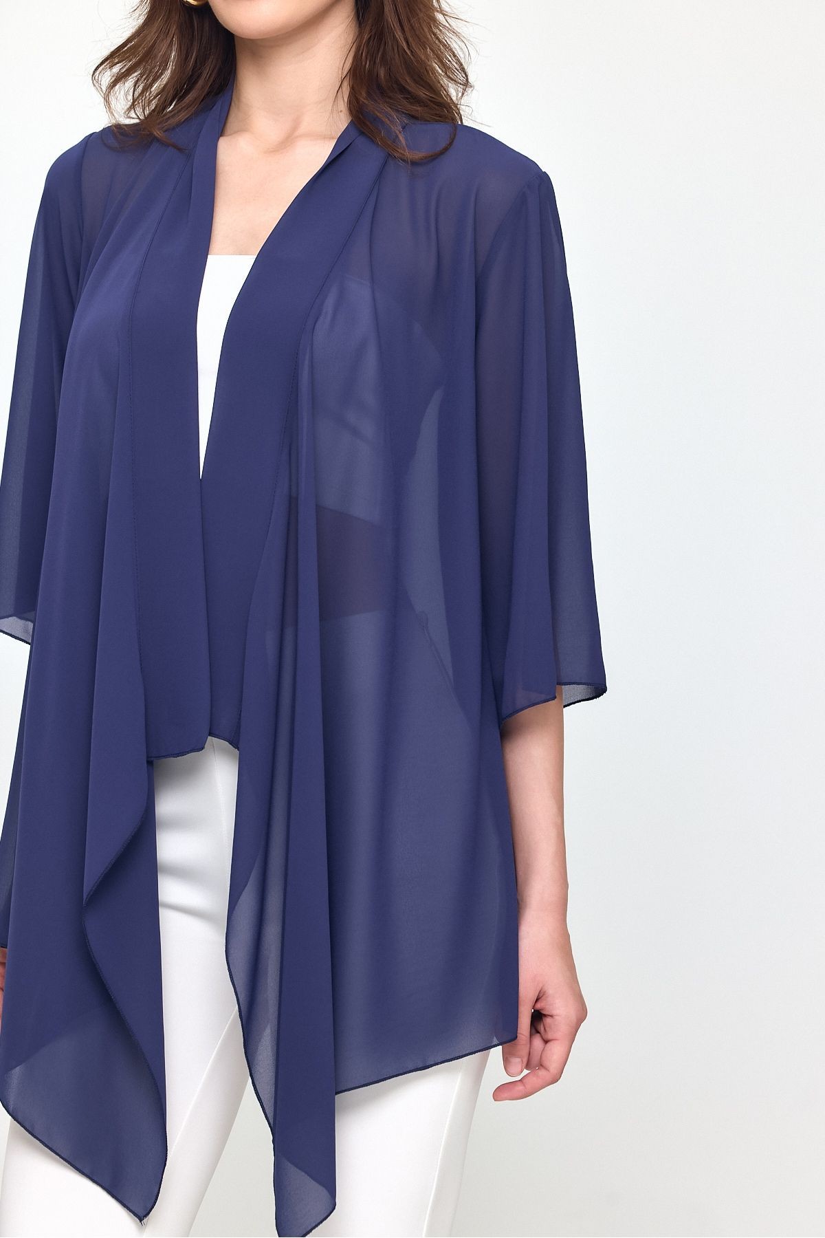 Lacivert Şal Yaka Truvakar Kol Şifon Kimono - Hırka- Plaj Giyim 25L8034