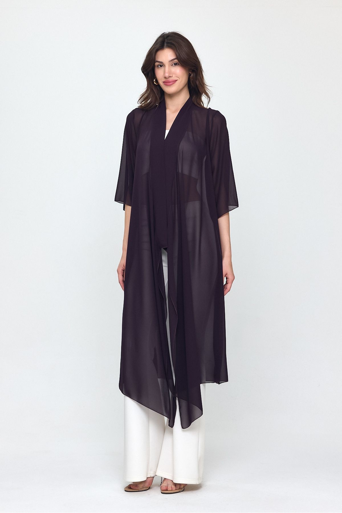 Mürdüm Şal Yaka Truvakar Kol Şifon Uzun Kimono - Hırka- Plaj Giyim 25L8035