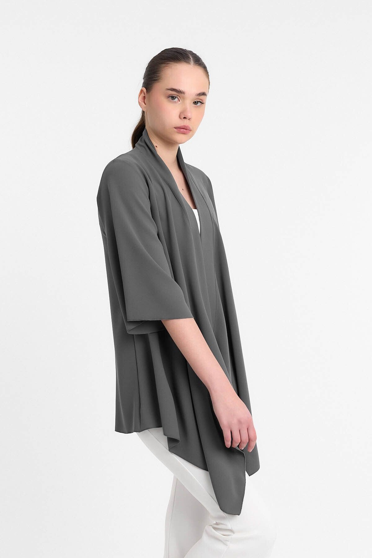 Gri Şal Yaka Truvakar Kol Kimono - Hırka- Plaj Giyim 25l8019