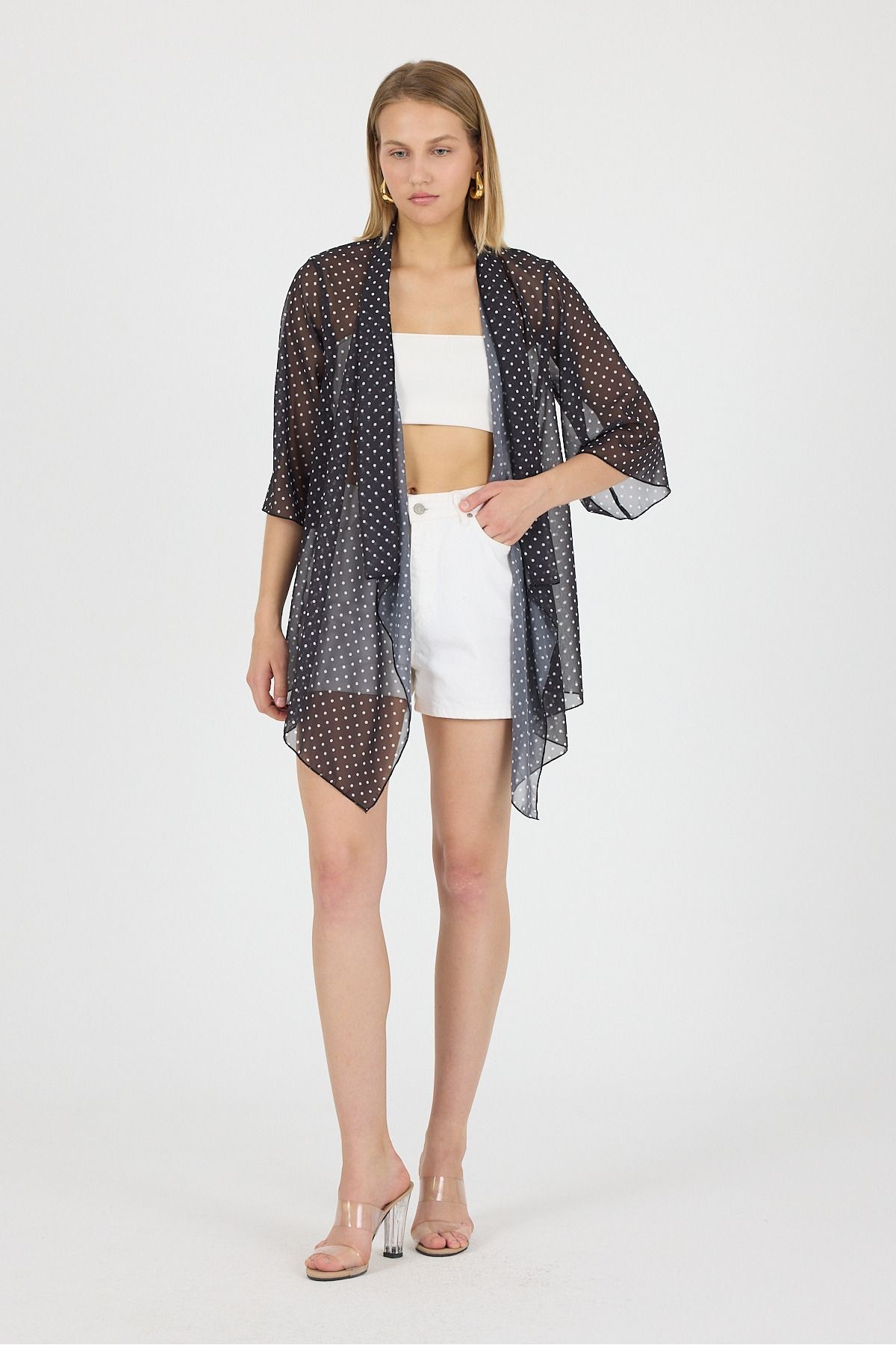 Puantiyeli Şal Yaka Volan Kol Şifon Kimono Kaftan Plaj Giyim 25L8102