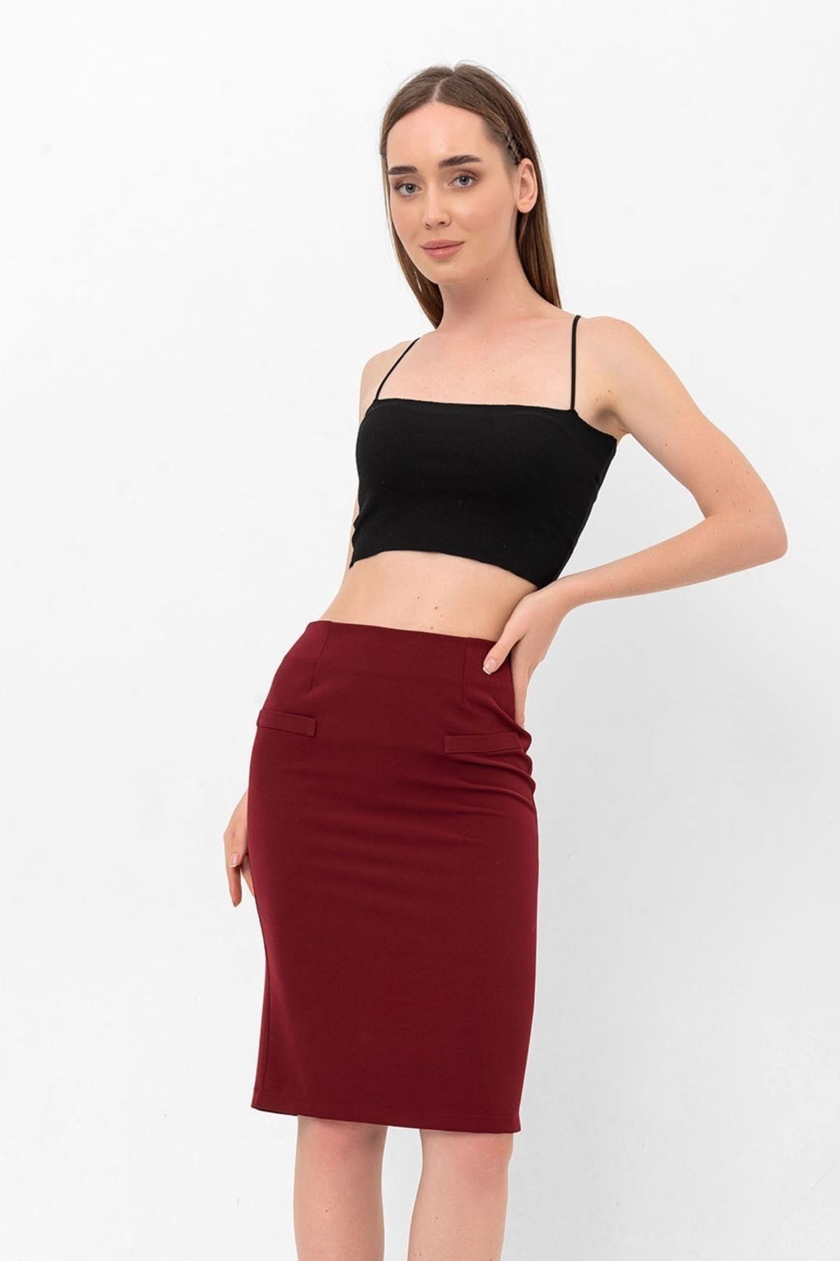 Bordo Fleto Cep Detaylı Krep Etek