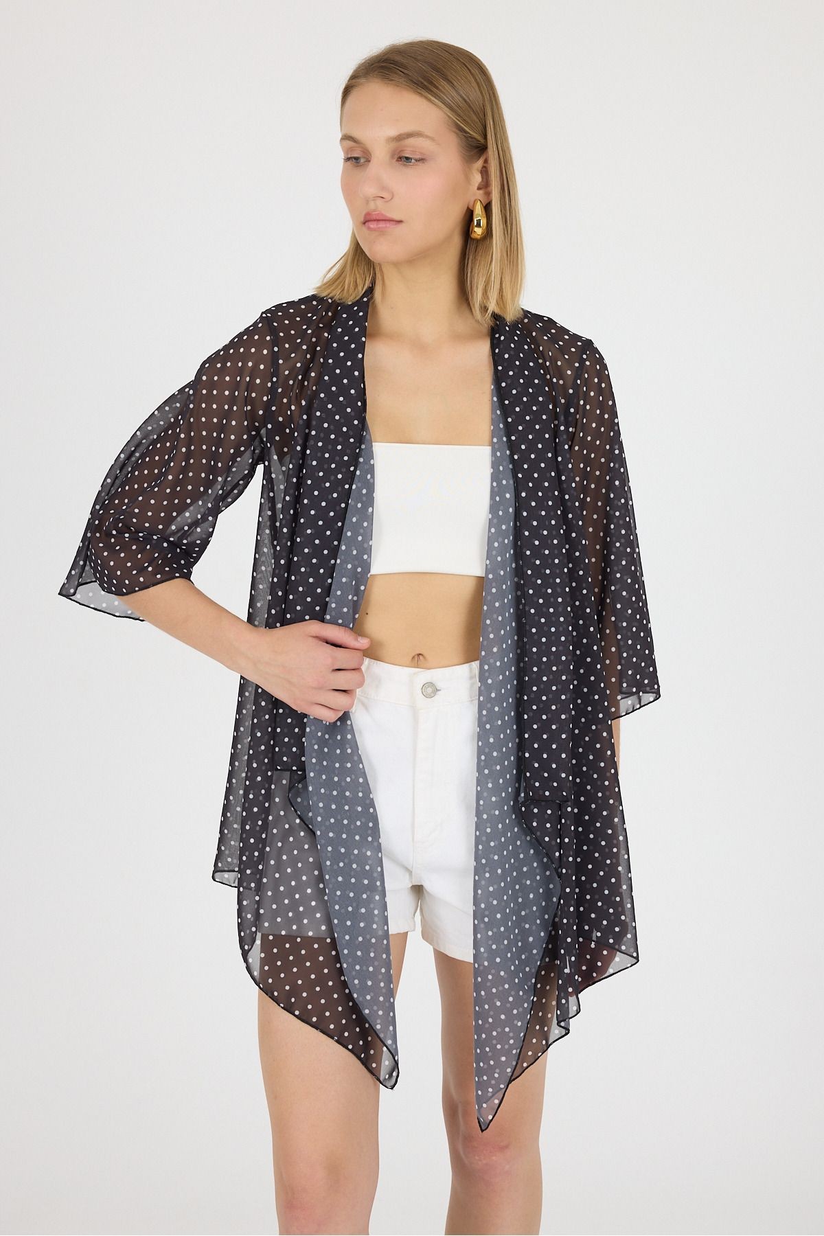 Puantiyeli Şal Yaka Volan Kol Şifon Kimono Kaftan Plaj Giyim 25L8102