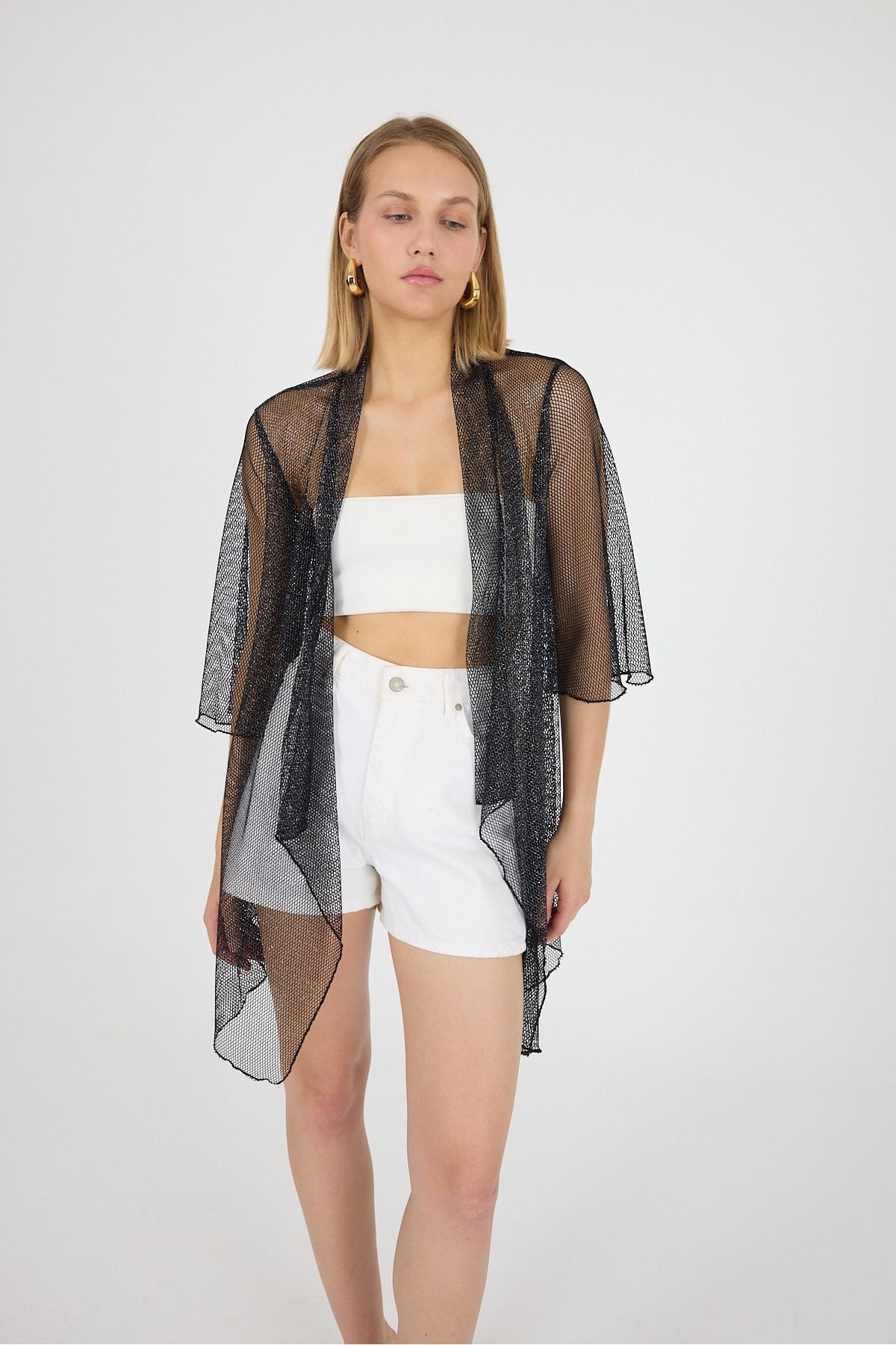 Simli File Şal Yakalı Volan Kol Kimono Kaftan Plaj Giyim 25L8120