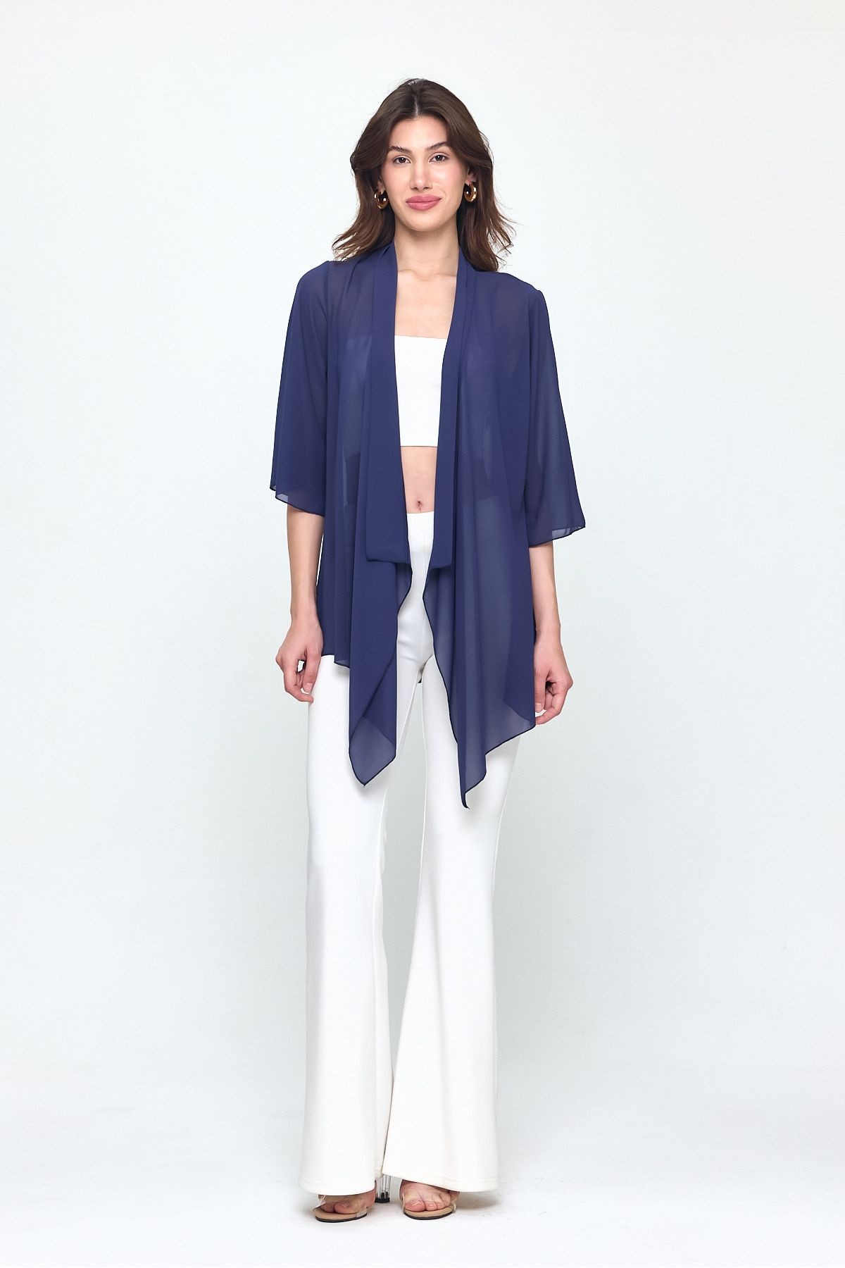 Lacivert Şal Yaka Truvakar Kol Şifon Kimono - Hırka- Plaj Giyim 25L8034