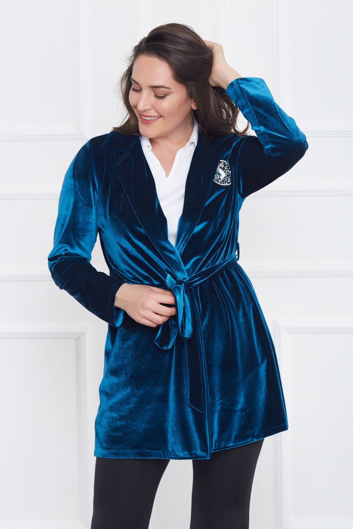 Kadın Saks Kadife Kimono Arma Detaylı 17LB9025