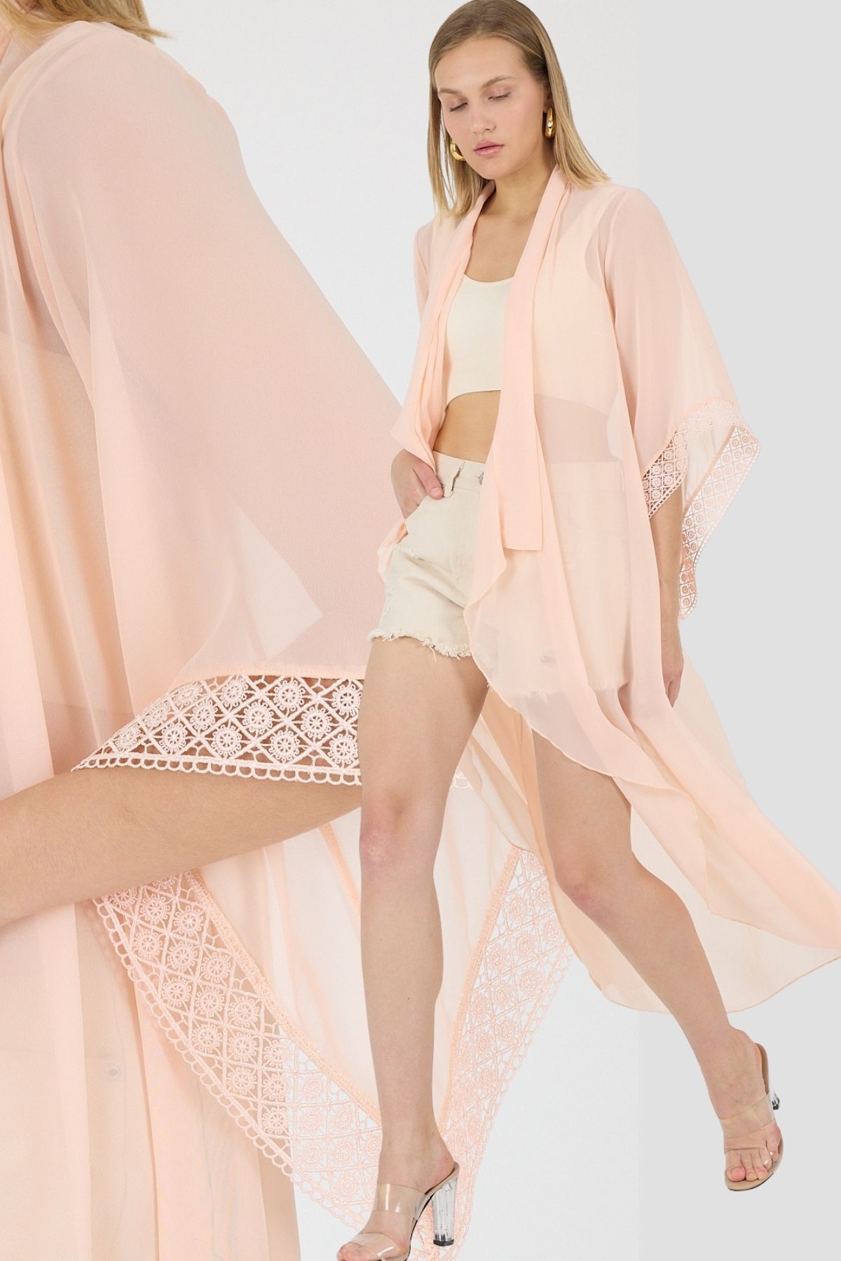 Somon Şal Yaka Kol Ucu Güpür DetayVolan Kol Şifon Maxi Kimono Kaftan Plaj Giyim 25L8114