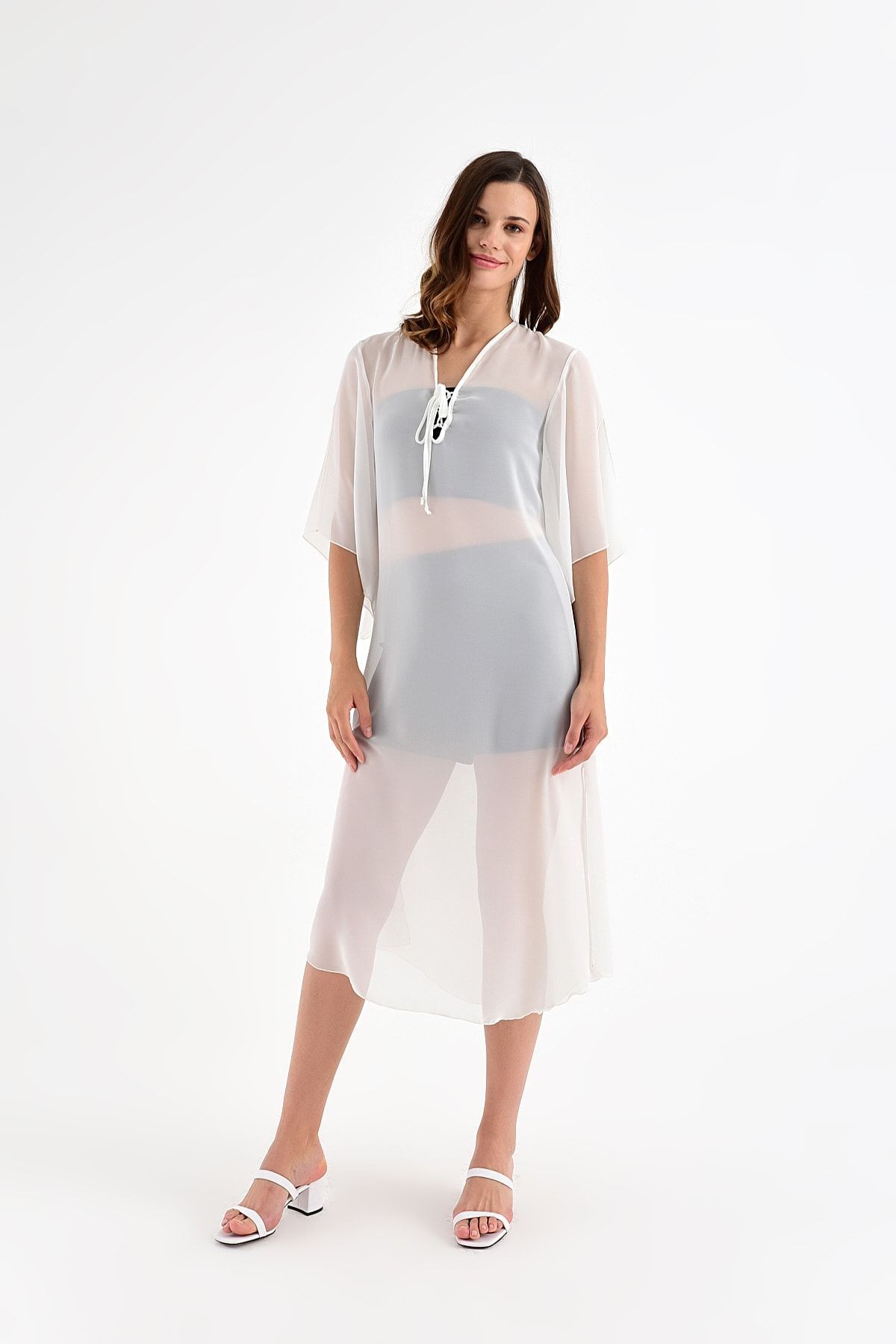 Kadın Ecru Yaka Detaylı Şifon Kimono 20L6812