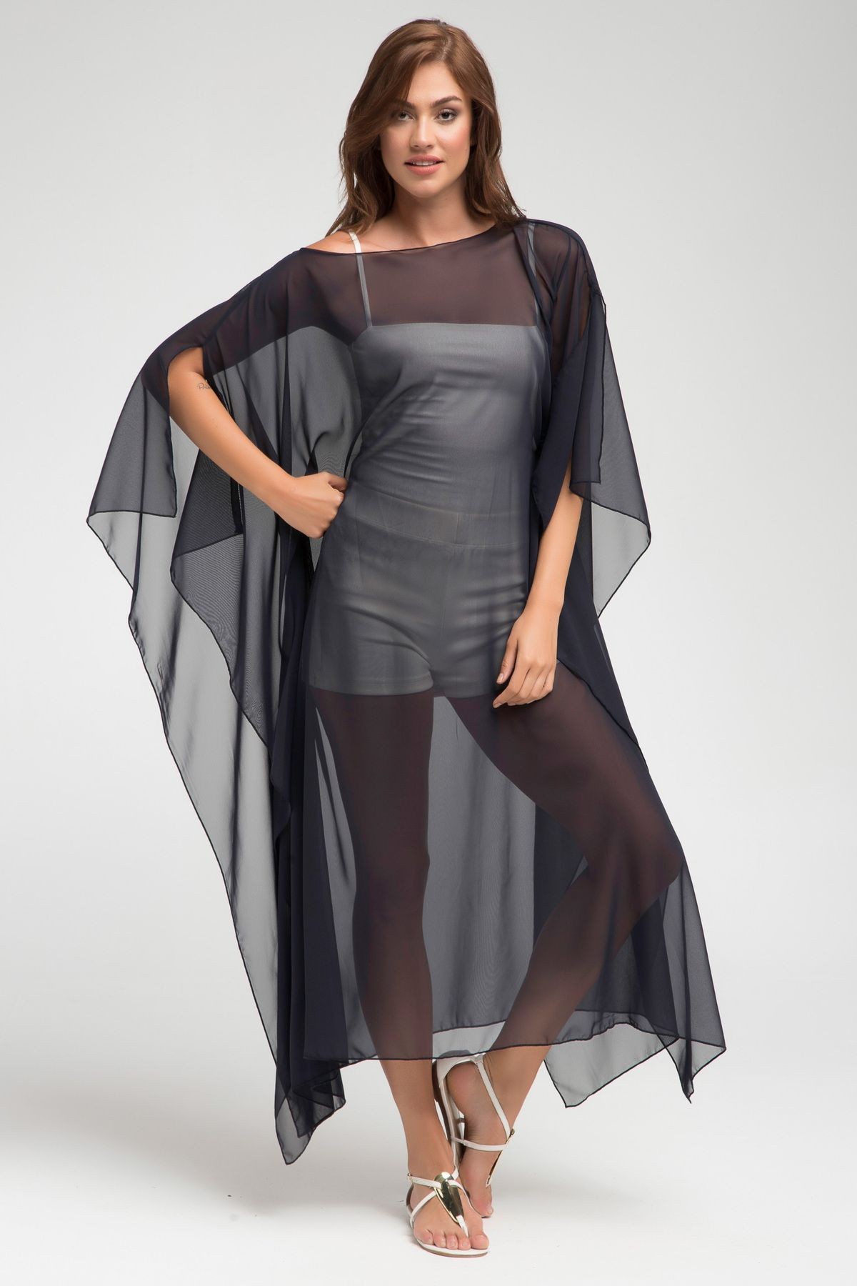 Siyah Şifon Yırtmaçlı Yarasa Kol Rahat Kesim Kimono Plaj Giyim 24l7566