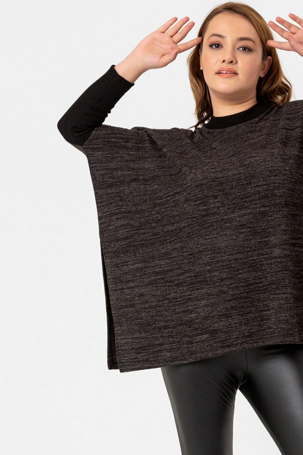 Antrasit Büyük Beden Yandan Yırtmaçlı Bluz&panço