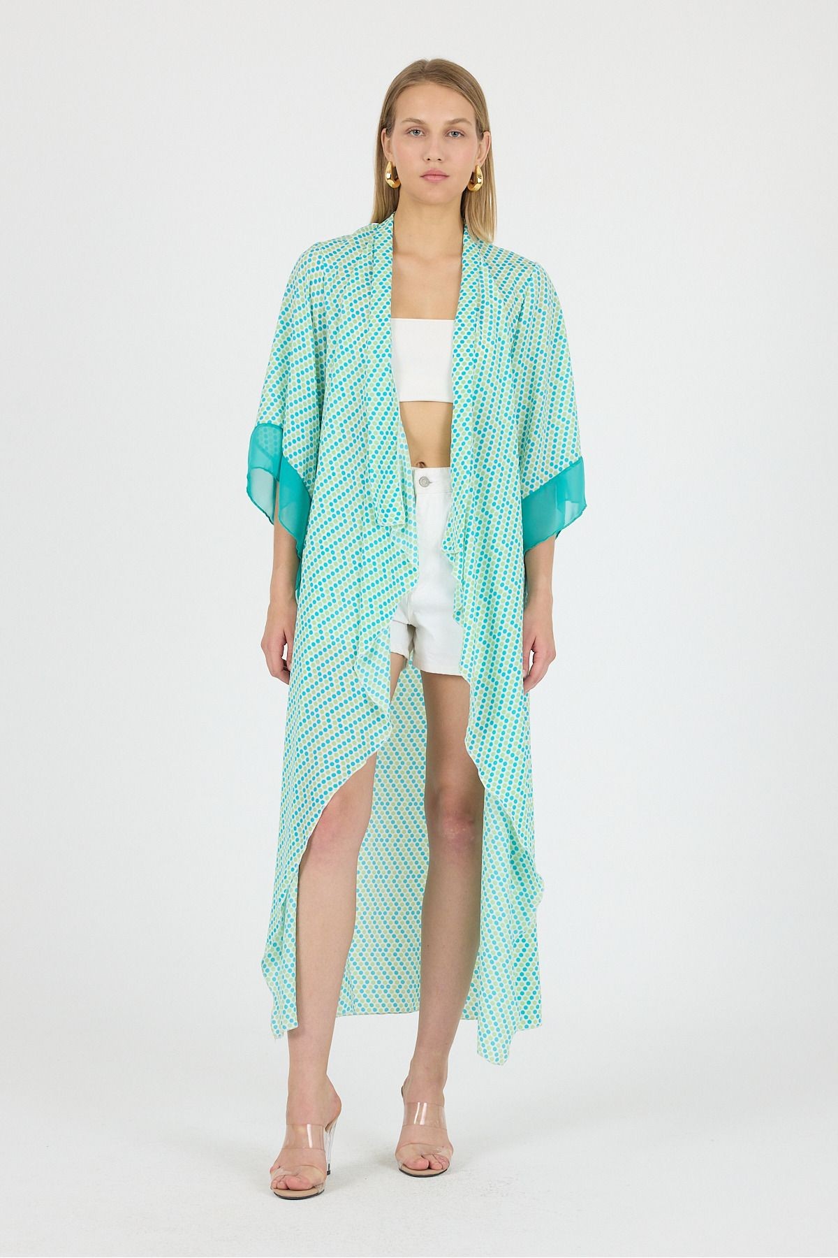 Puantyeli Şal Yaka Kol Ucu Saten Detay Volan Kol Şifon Maxi Kimono Kaftan Plaj Giyim 25L8115
