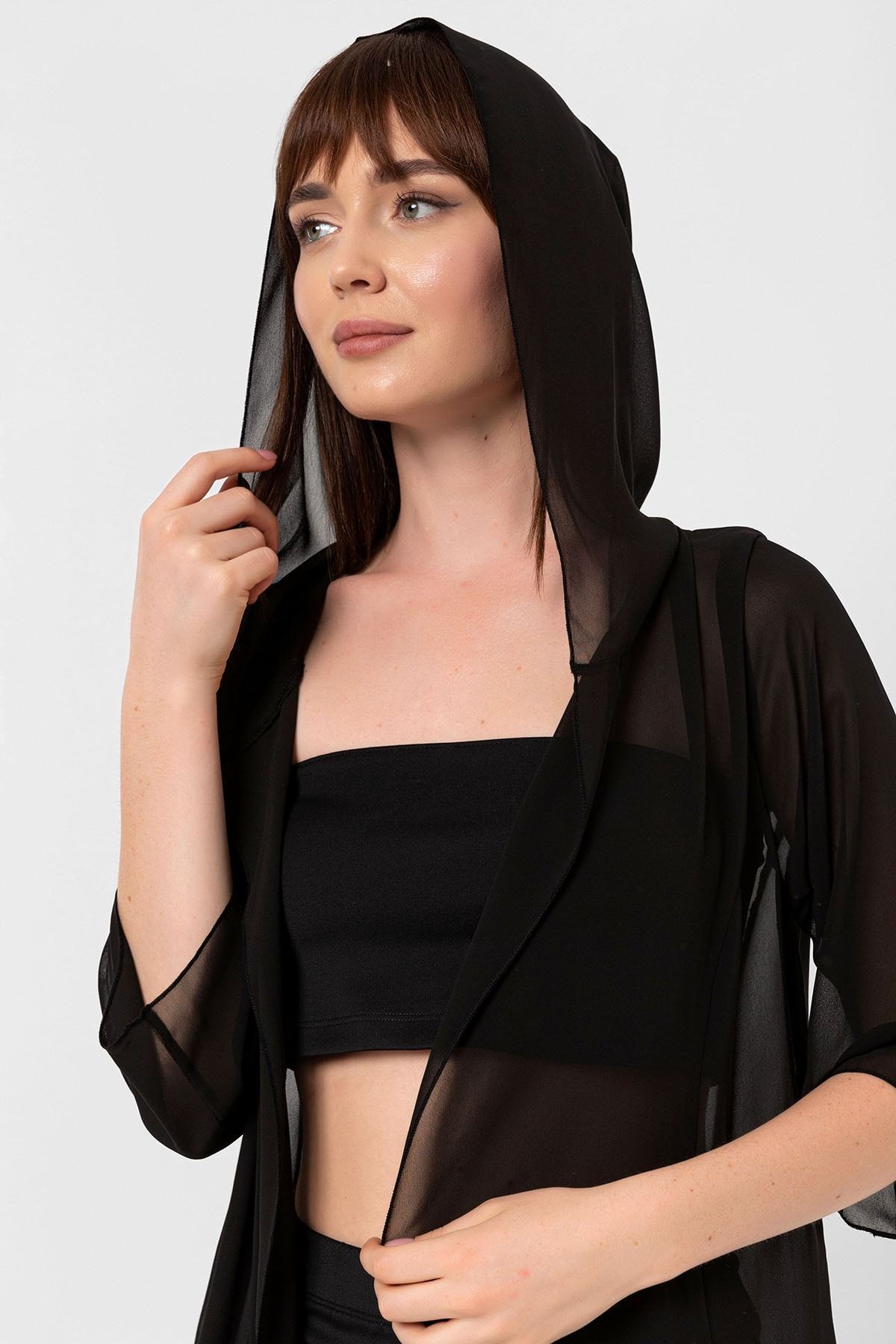 Siyah Kapüşonlu Yırtmaç Detaylı Şifon Kimono&bikiniüstü
