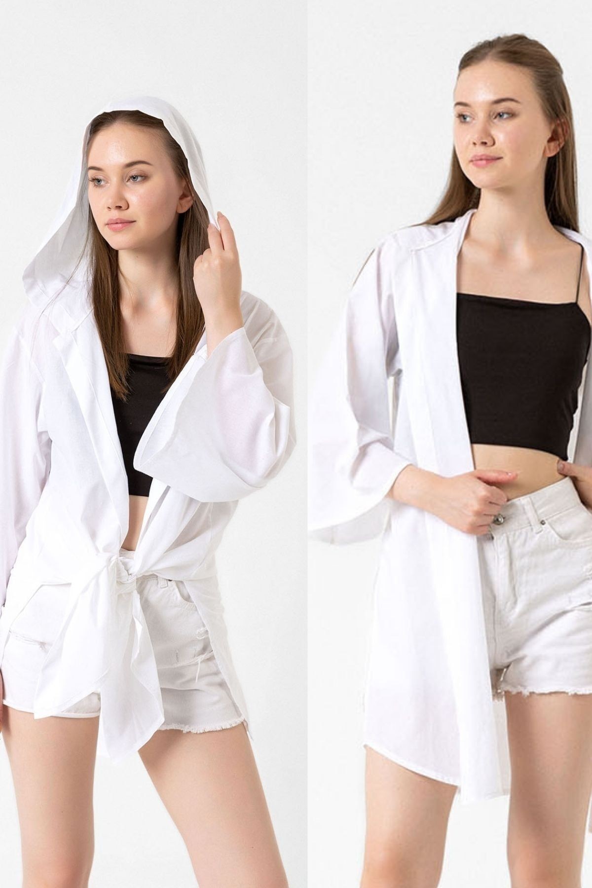Ecru Kapüşonlu Yırtmaçlı Vual Kimono&Hırka