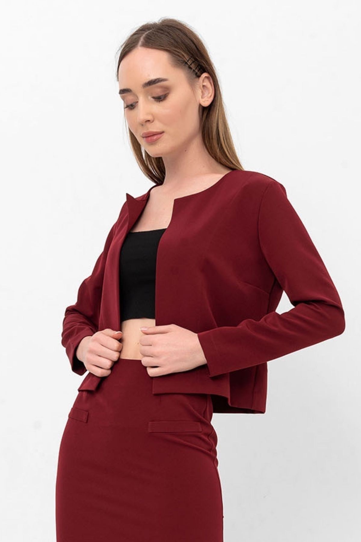 Bordo Uzun Kol Kısa Krep Ceket&hırka